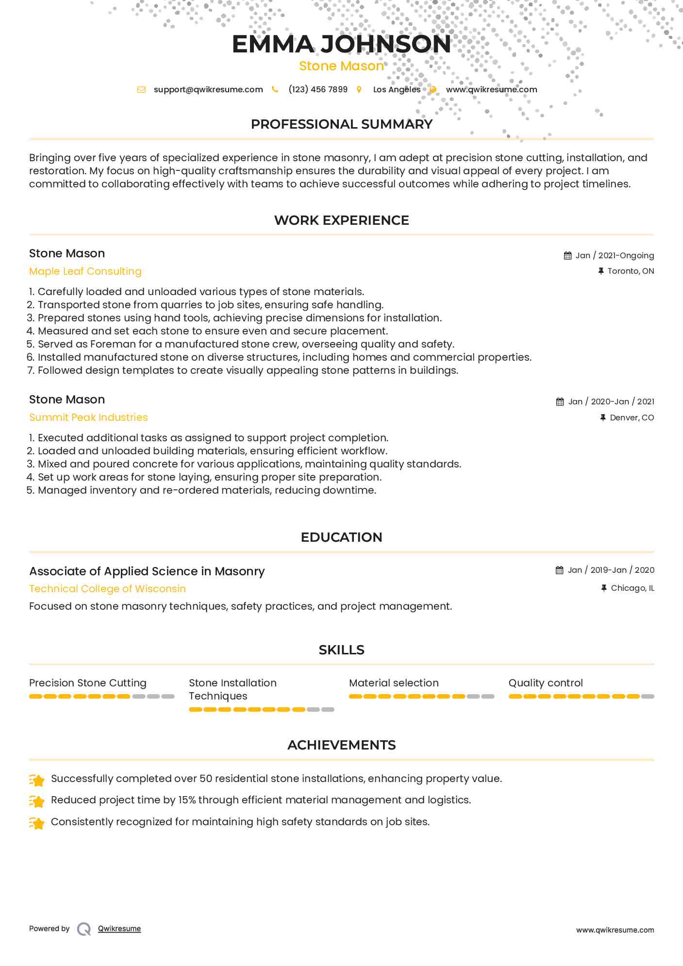 Stone Mason Resume Example