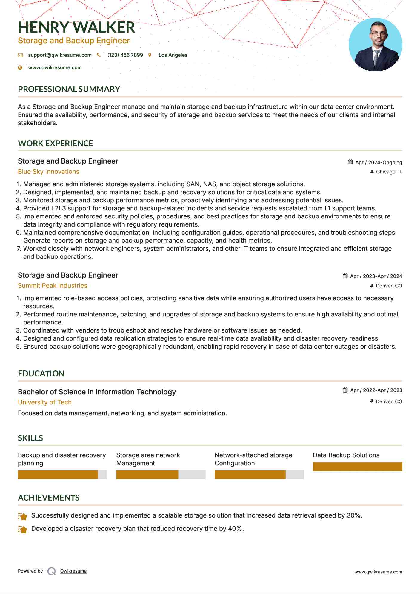 Storage and Backup Engineer Resume Template