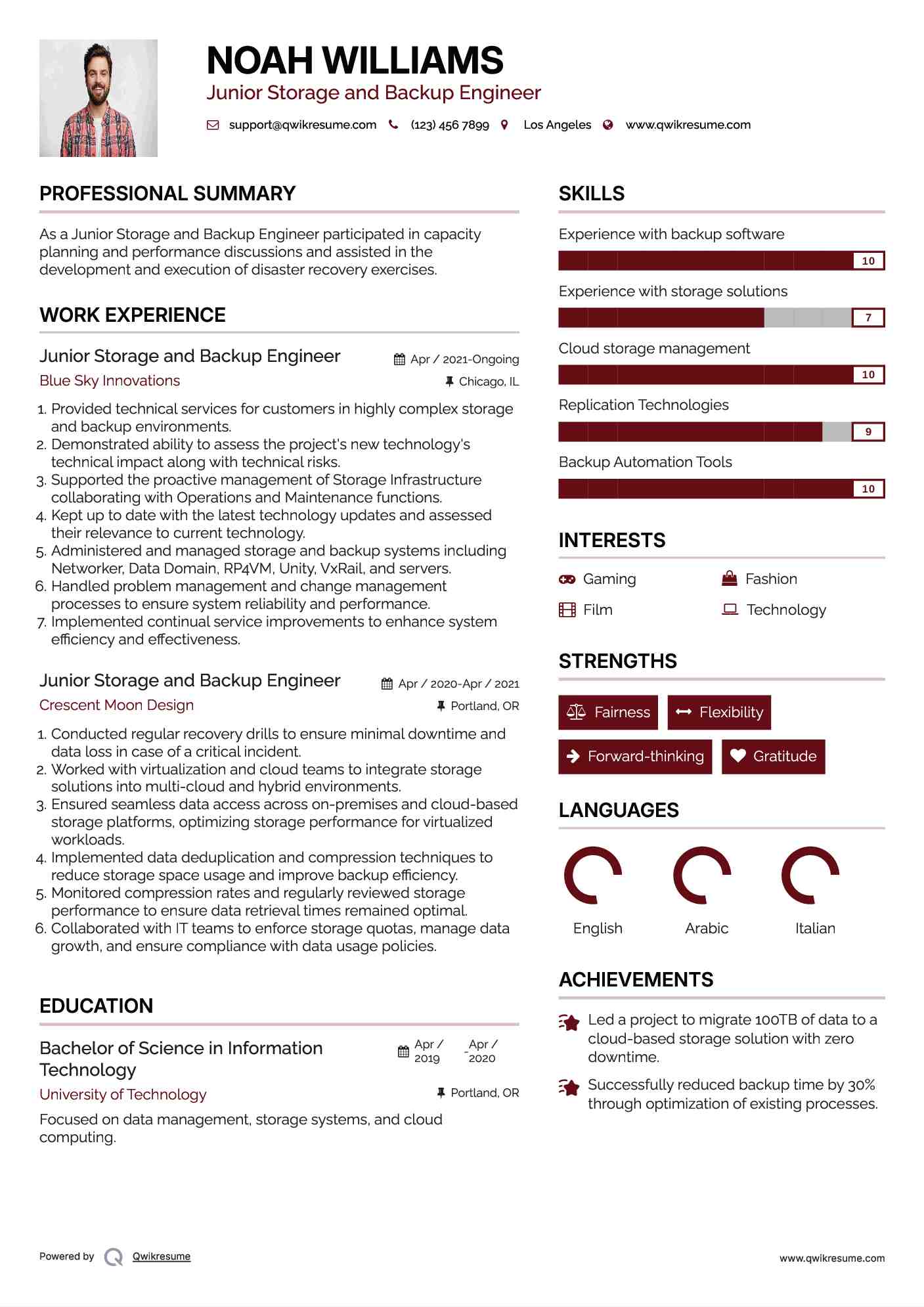 Junior Storage and Backup Engineer Resume Sample