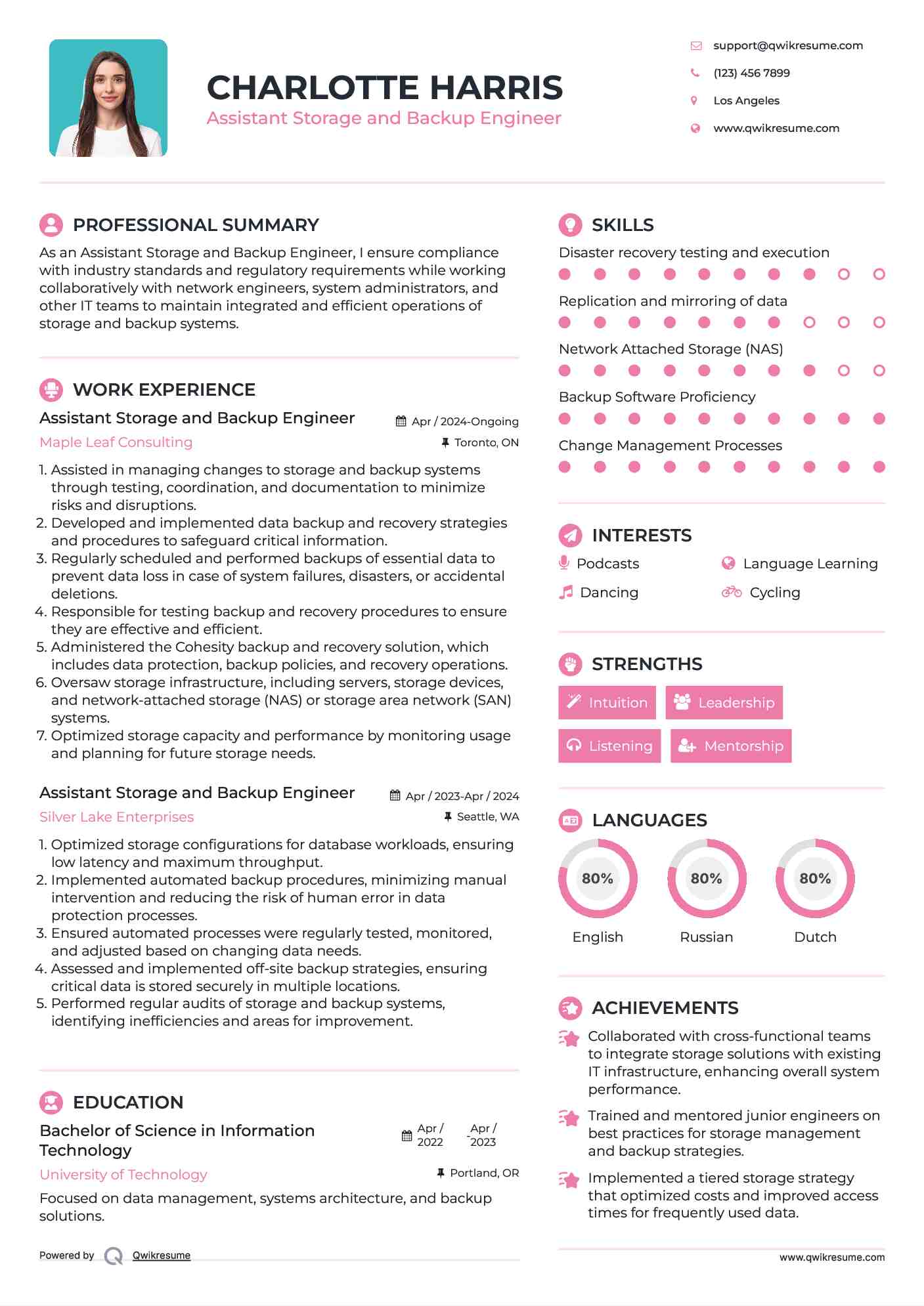 Assistant Storage and Backup Engineer Resume Example