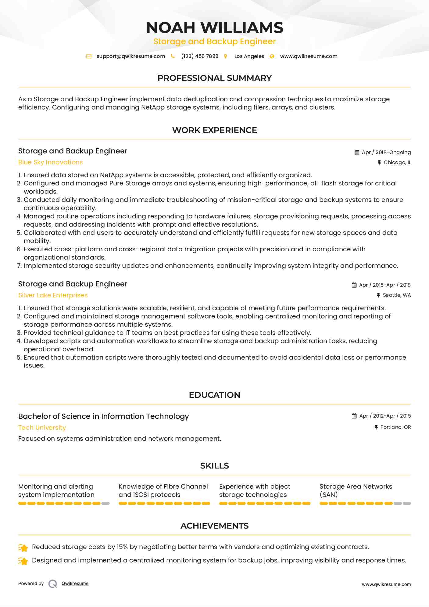 Storage and Backup Engineer Resume Example