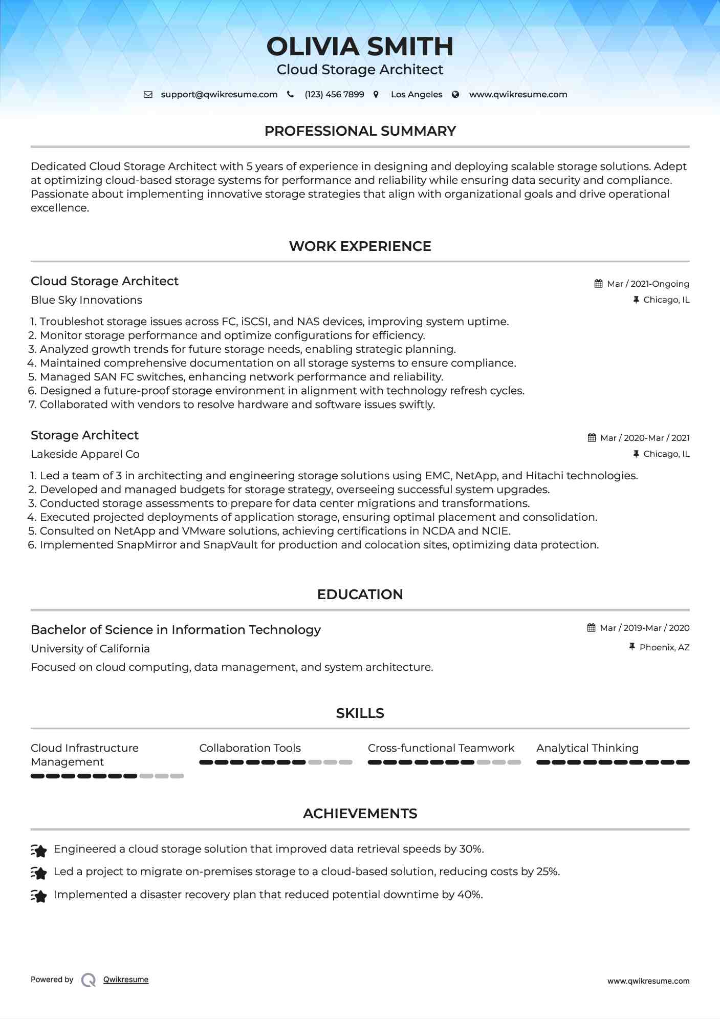Cloud Storage Architect Resume Template