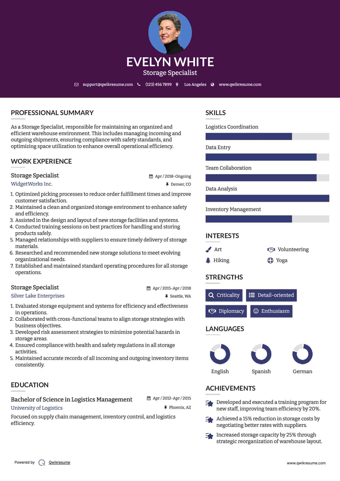 Storage Specialist Resume Sample
