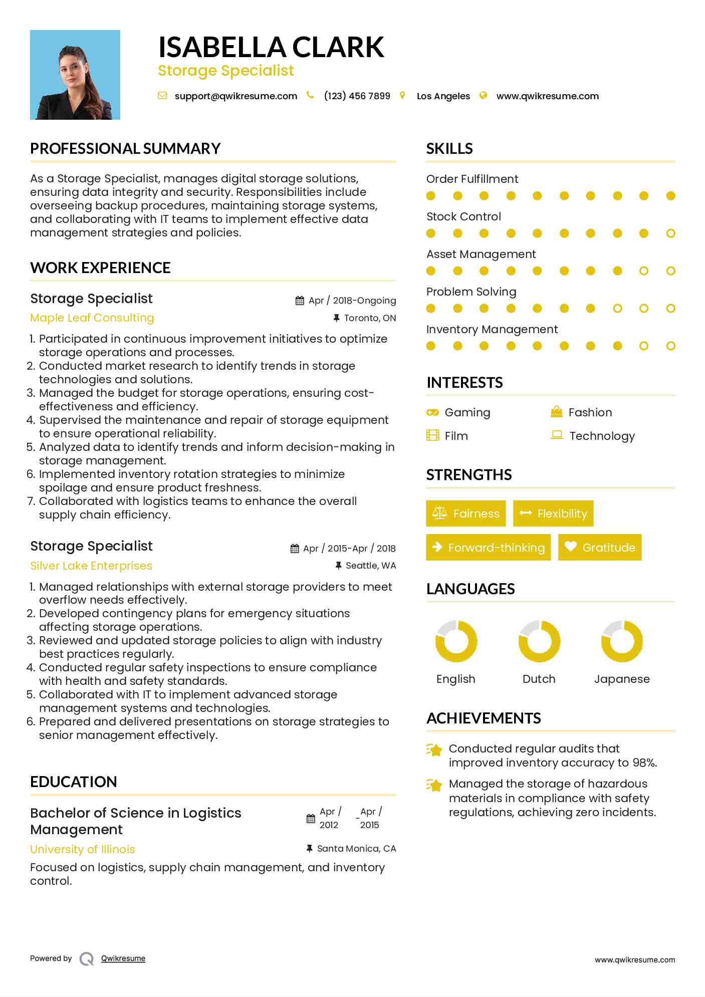 Storage Specialist Resume Example