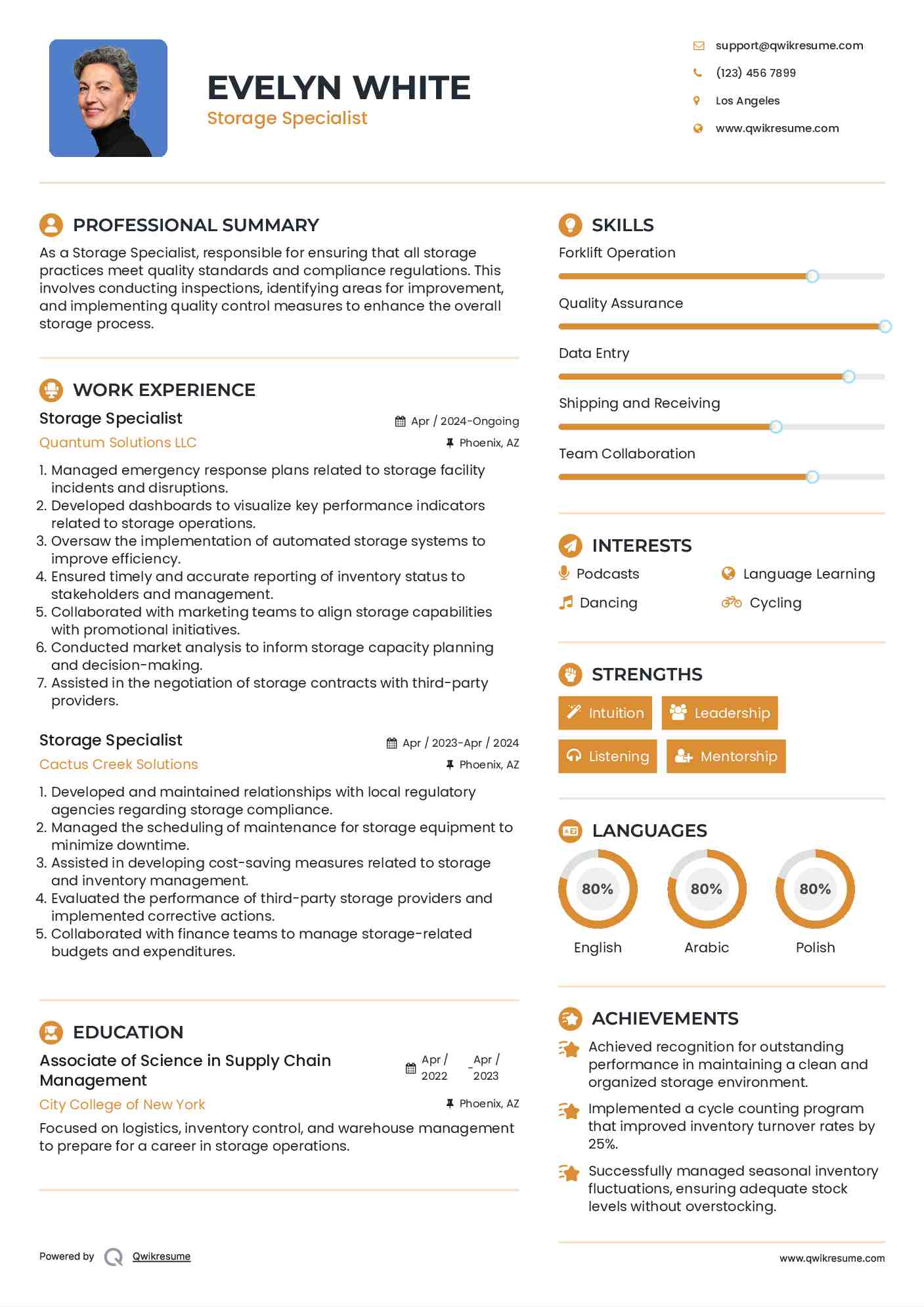 Storage Specialist Resume Example