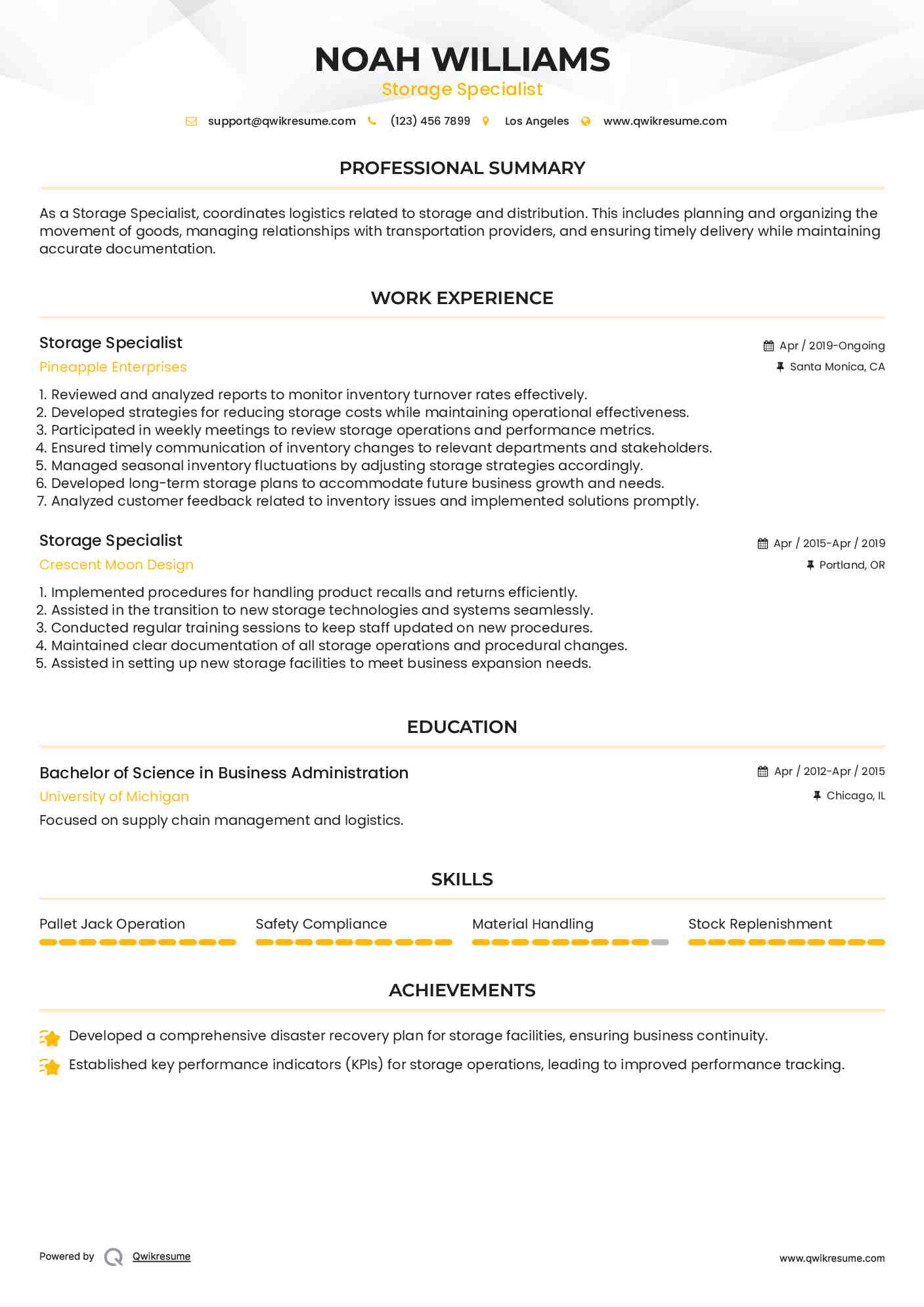 Storage Specialist Resume Format