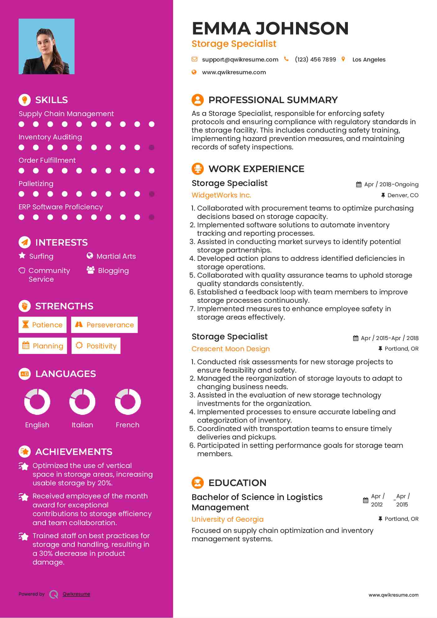 Storage Specialist Resume Template