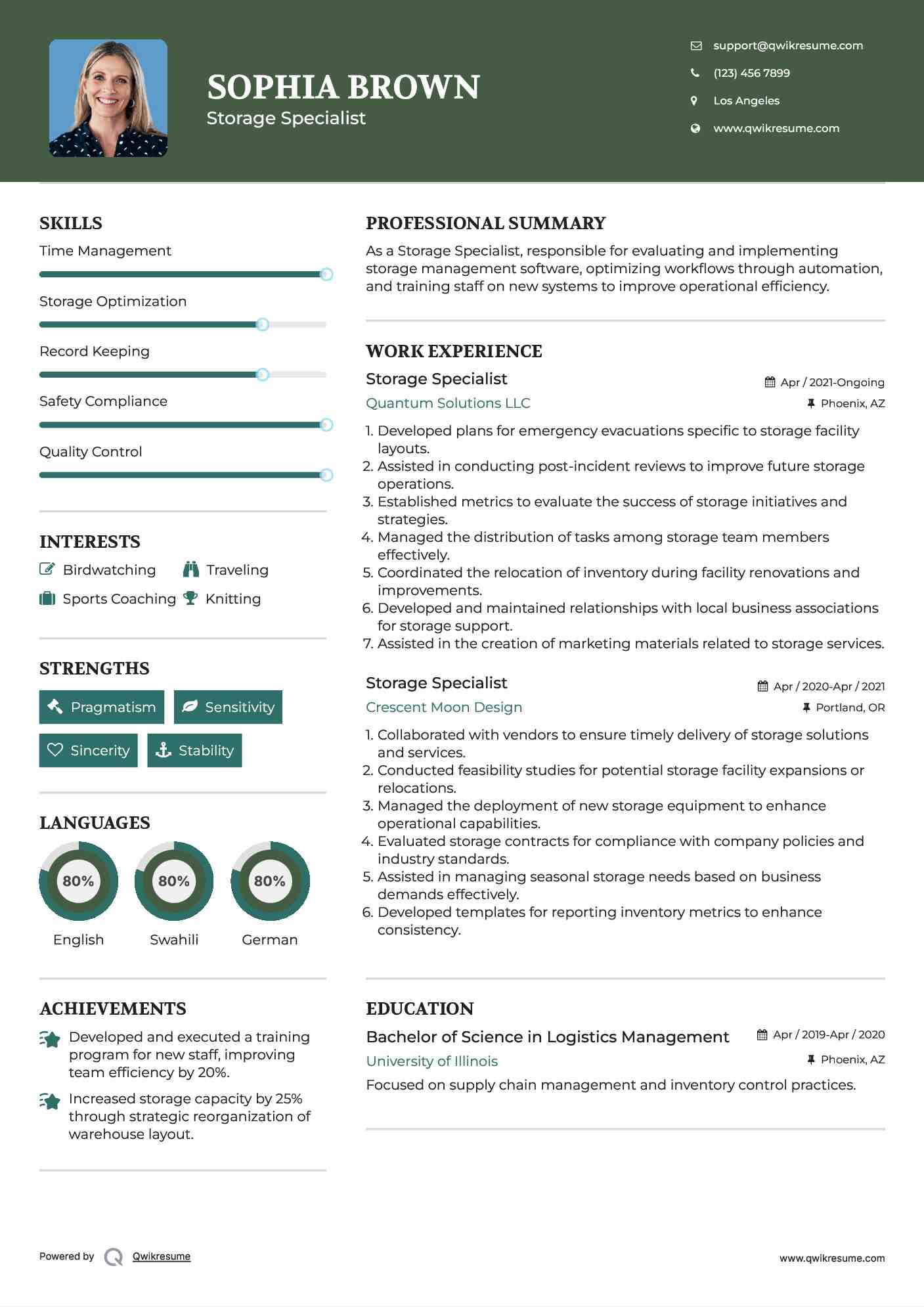Storage Specialist Resume Example