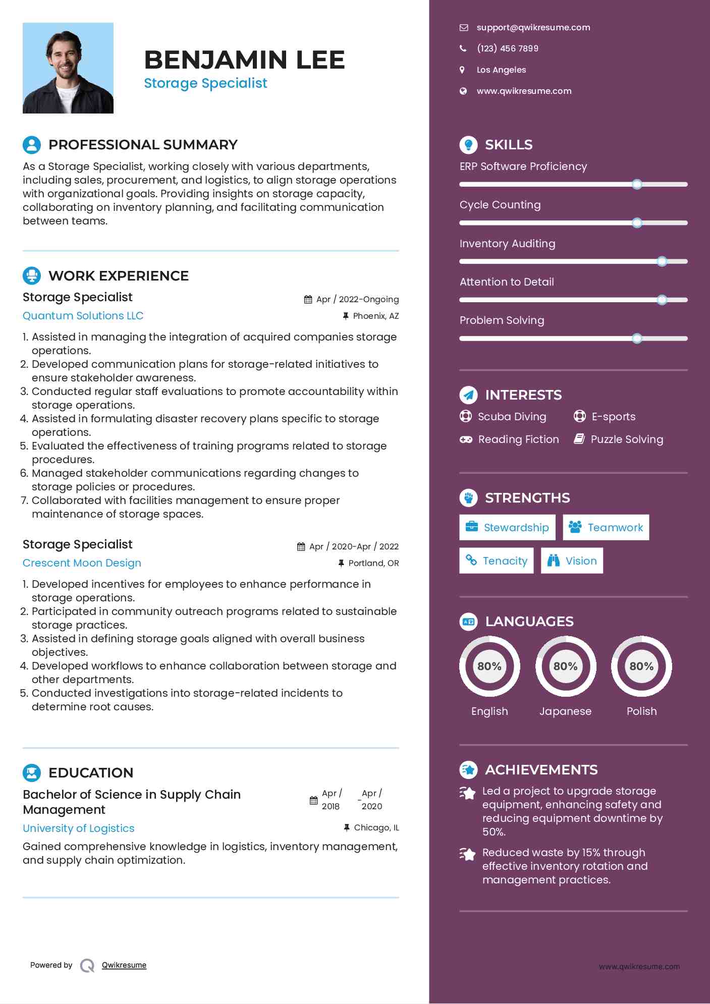 Storage Specialist Resume Sample