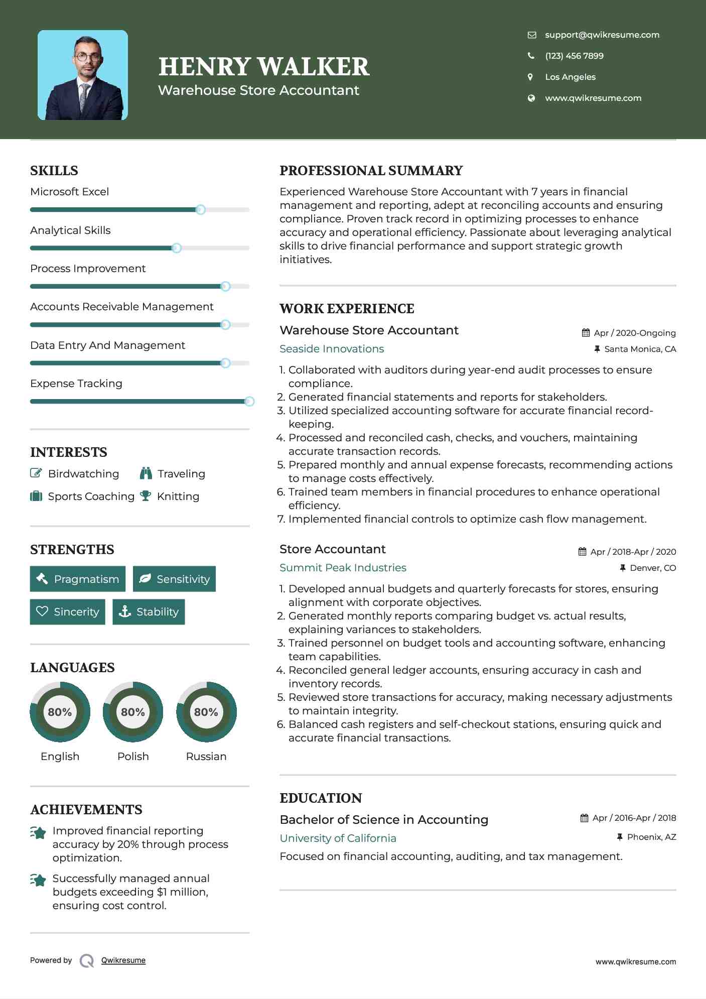Warehouse Store Accountant Resume Sample
