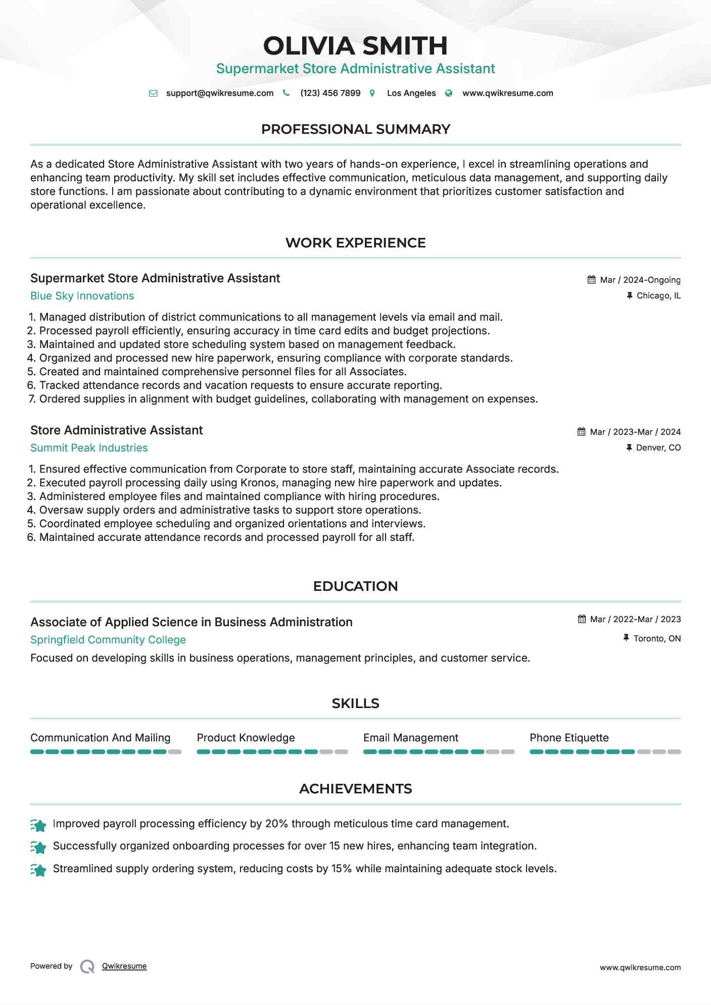 Supermarket Store Administrative Assistant Resume Template