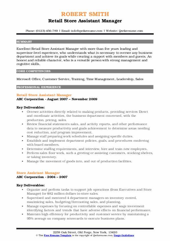 Store Assistant Manager Resume Samples QwikResume