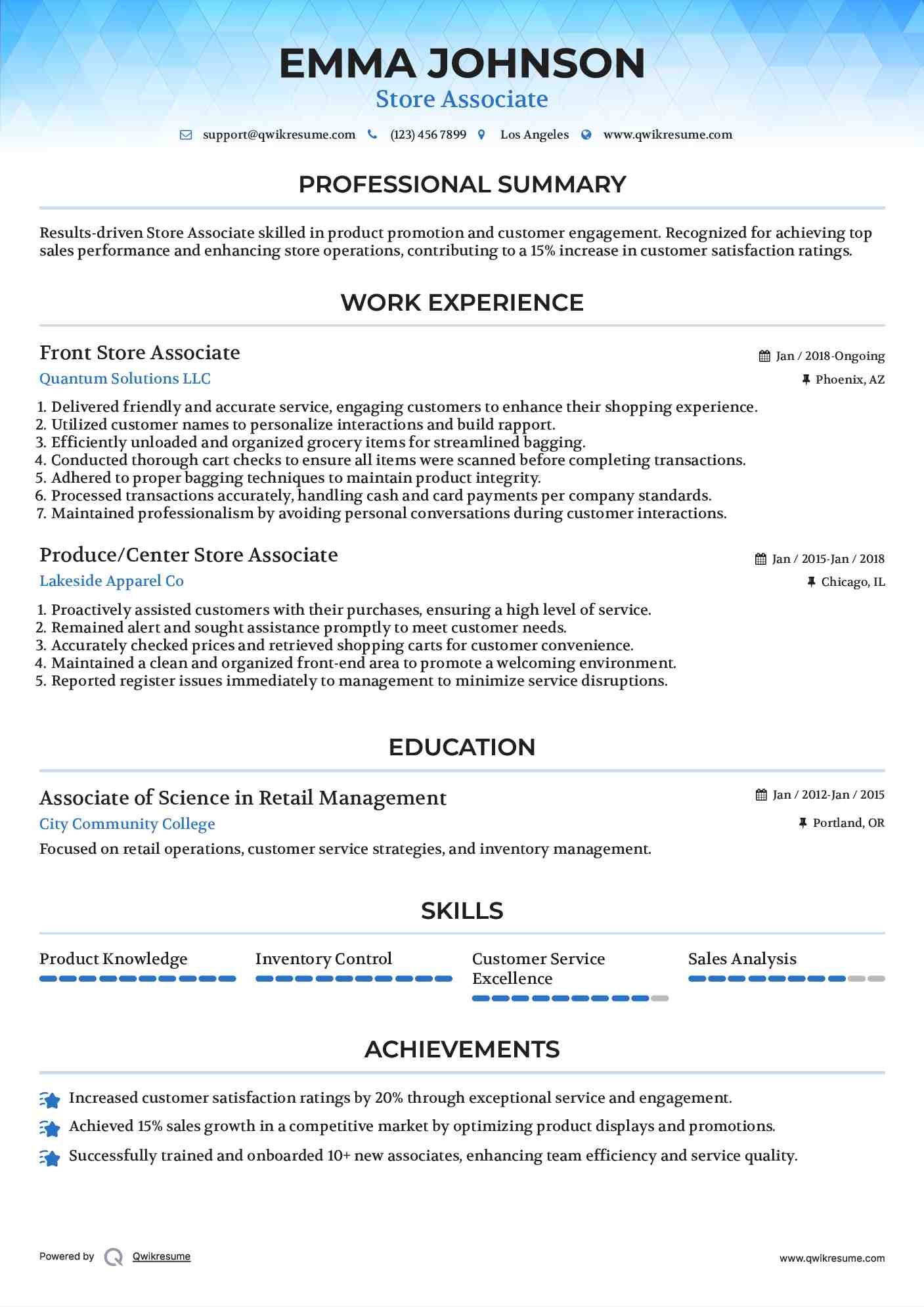 Front Store Associate Resume Template