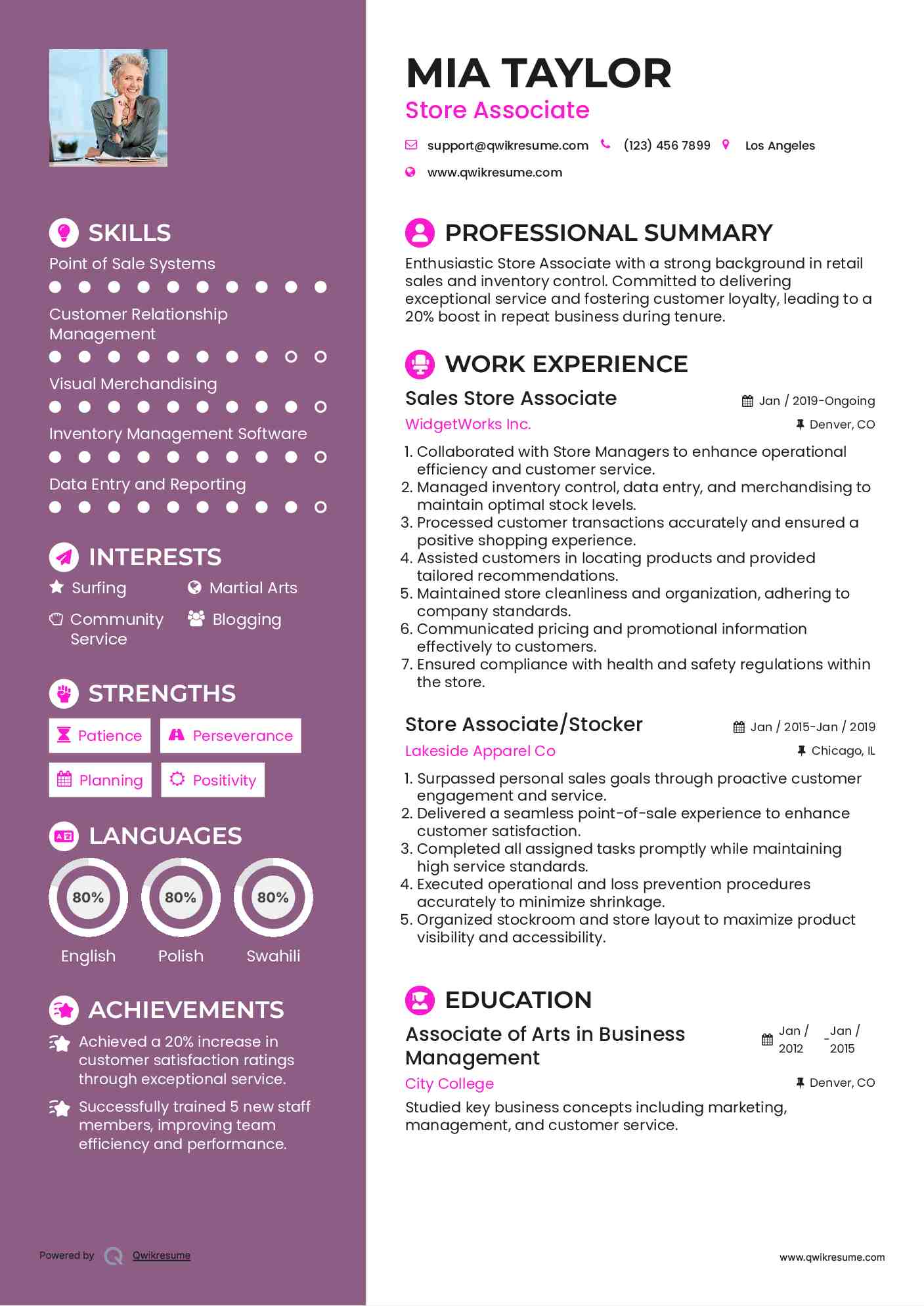 Sales Store Associate Resume Sample