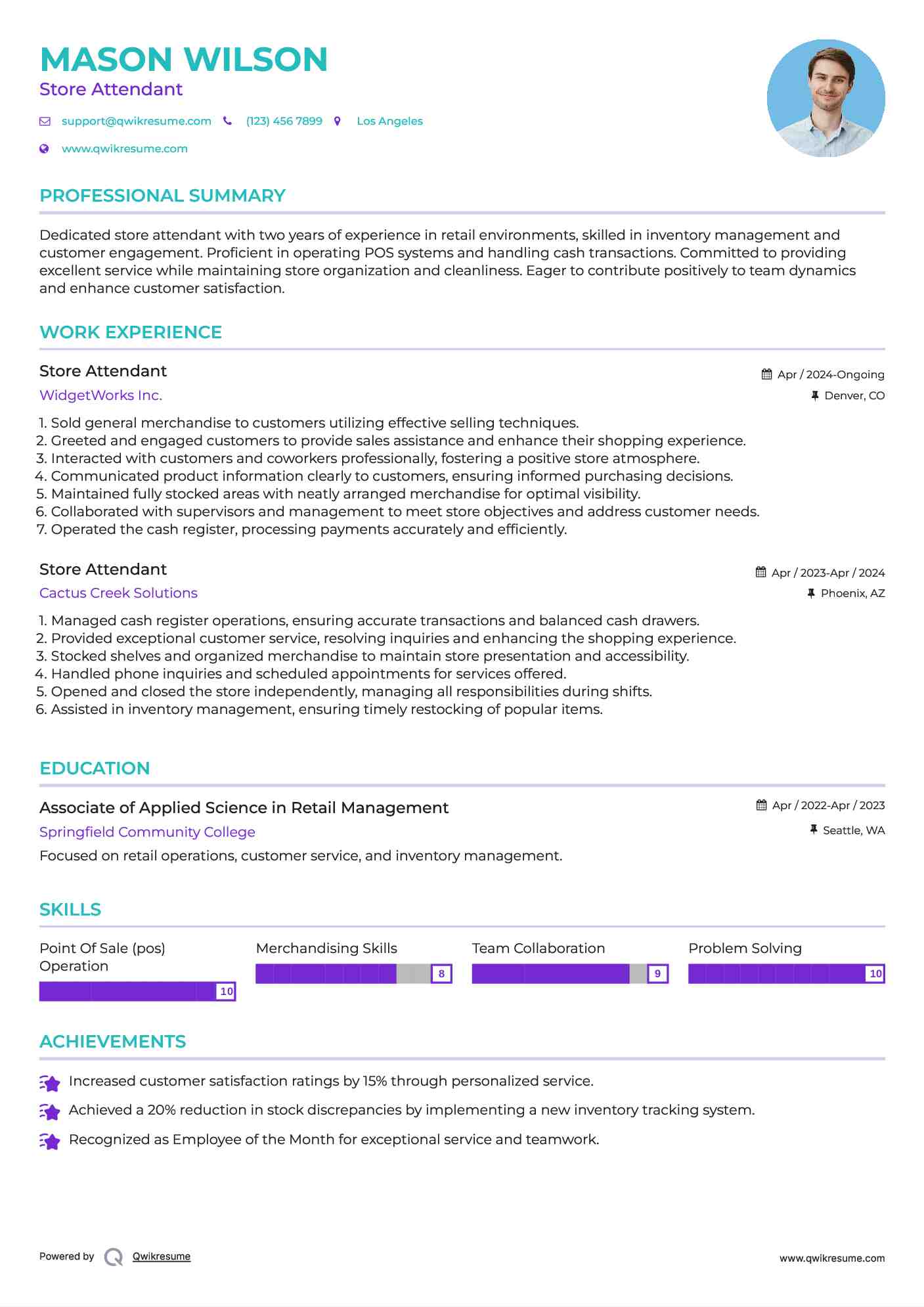 Store Attendant Resume Model