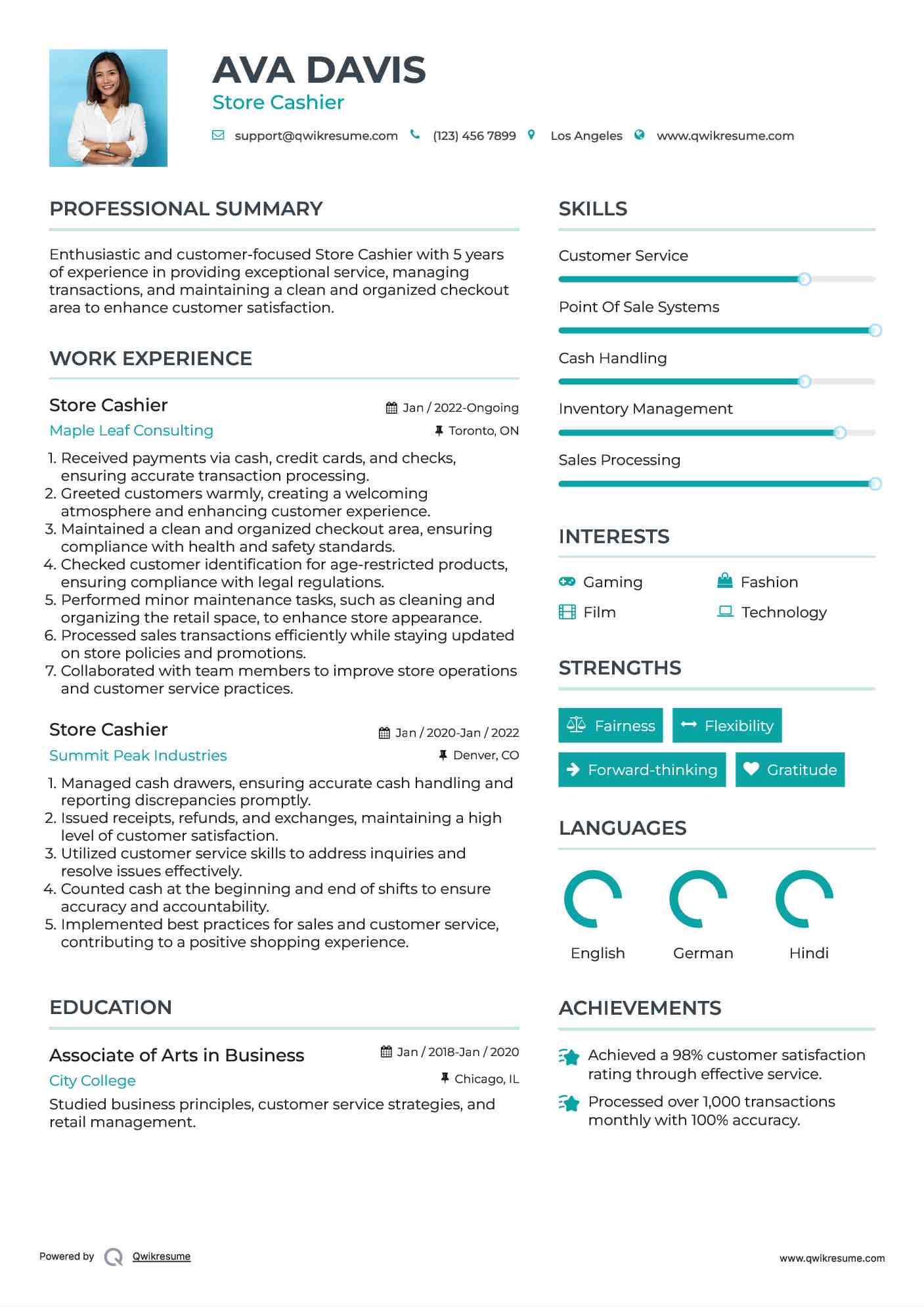 Store Cashier Resume Example