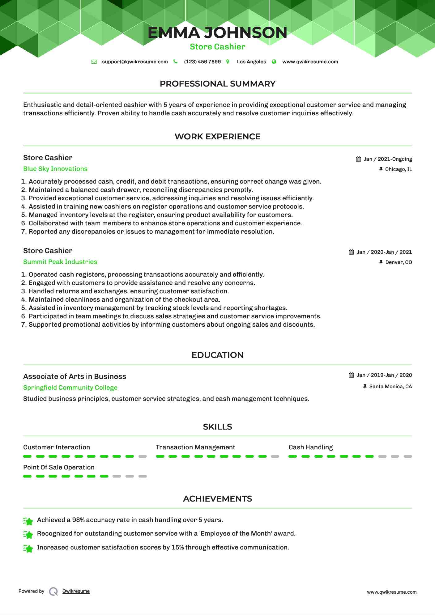 Store Cashier Resume Template
