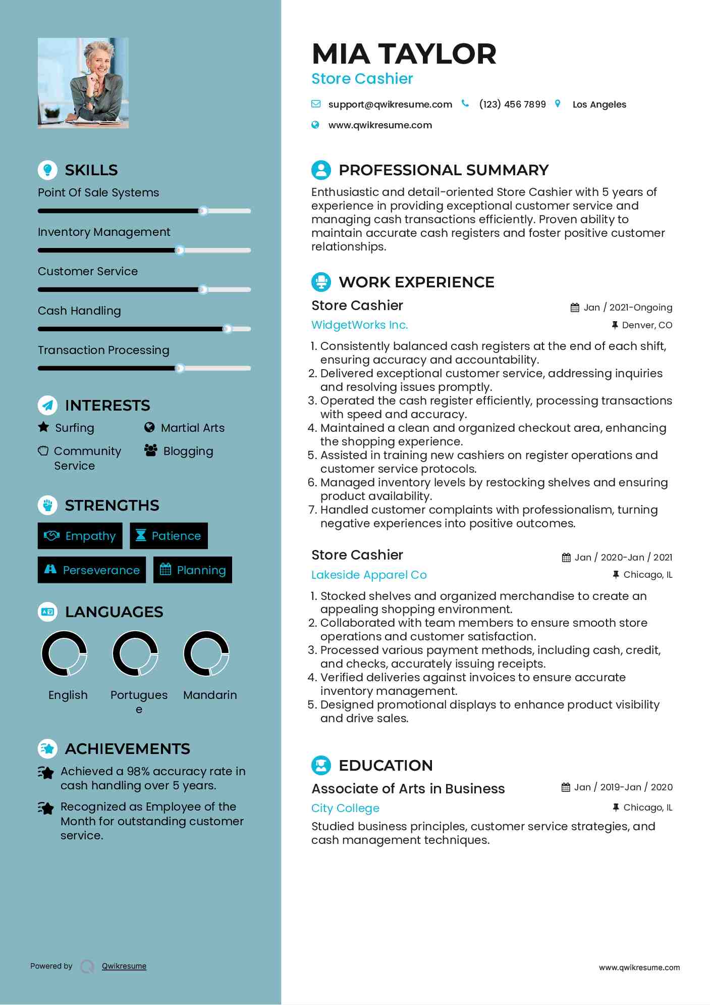 Store Cashier Resume Format