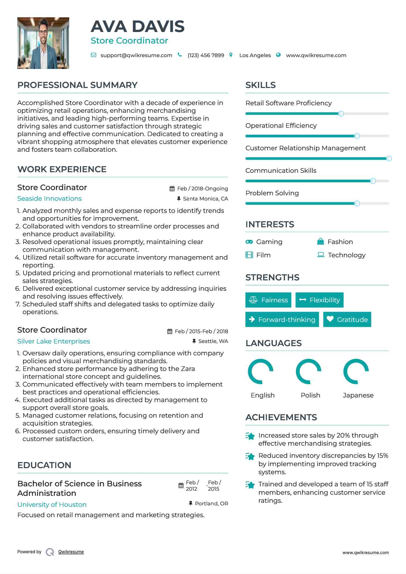 Store Coordinator Resume Sample