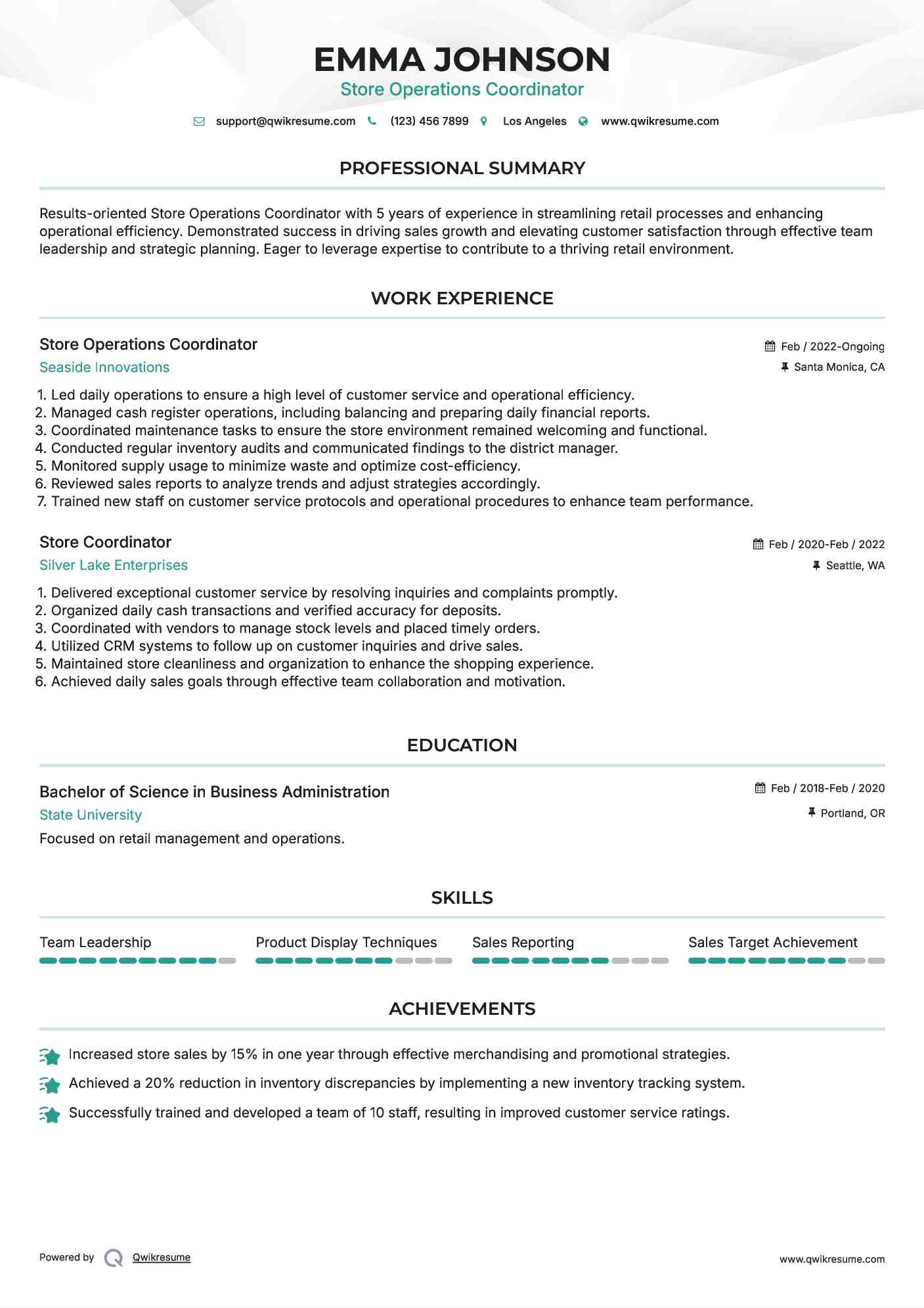 Store Operations Coordinator Resume Template