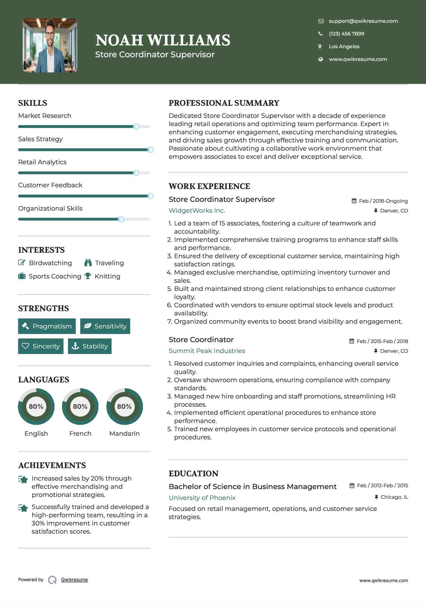 Store Coordinator Supervisor Resume Model