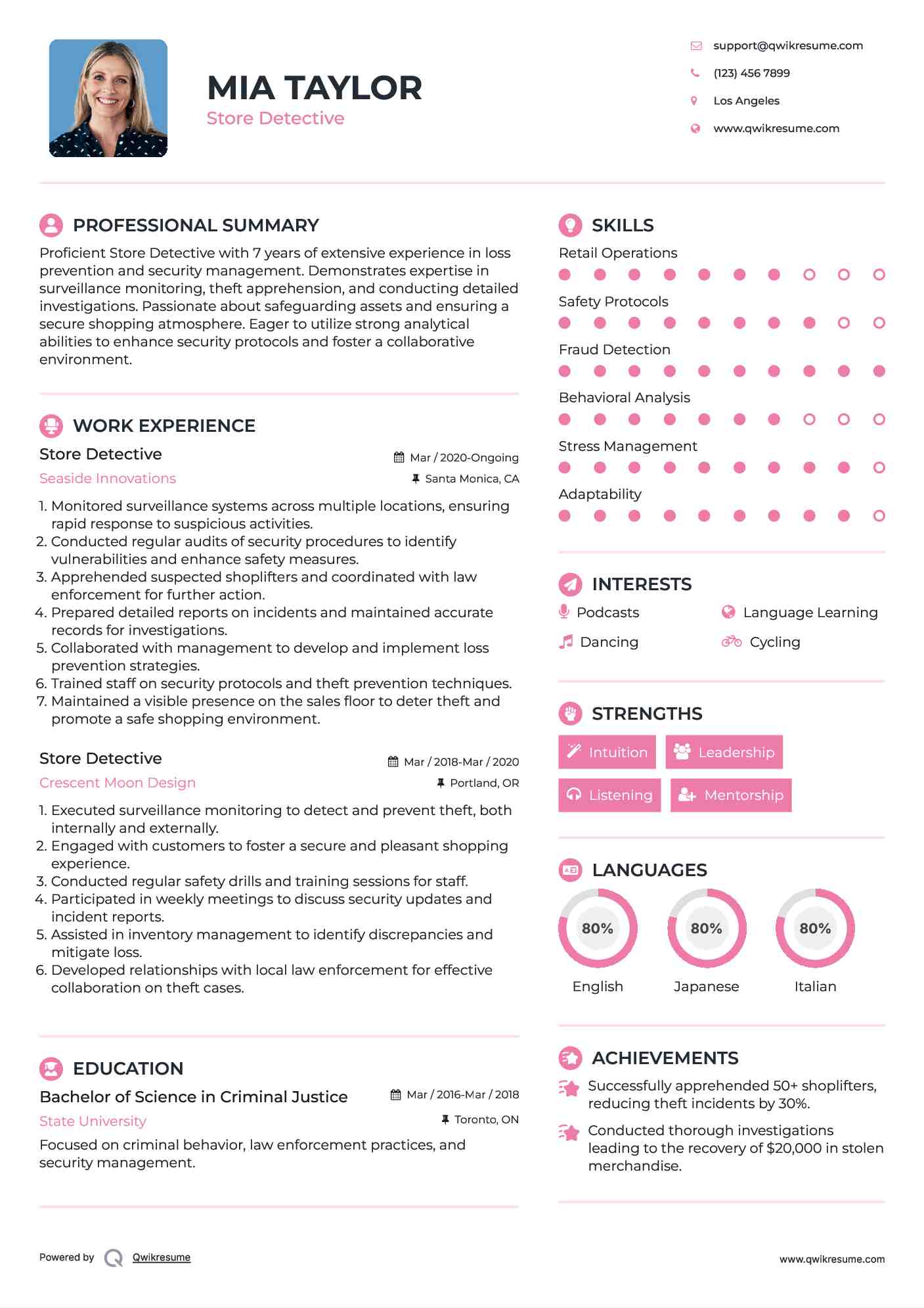 Store Detective Resume Template
