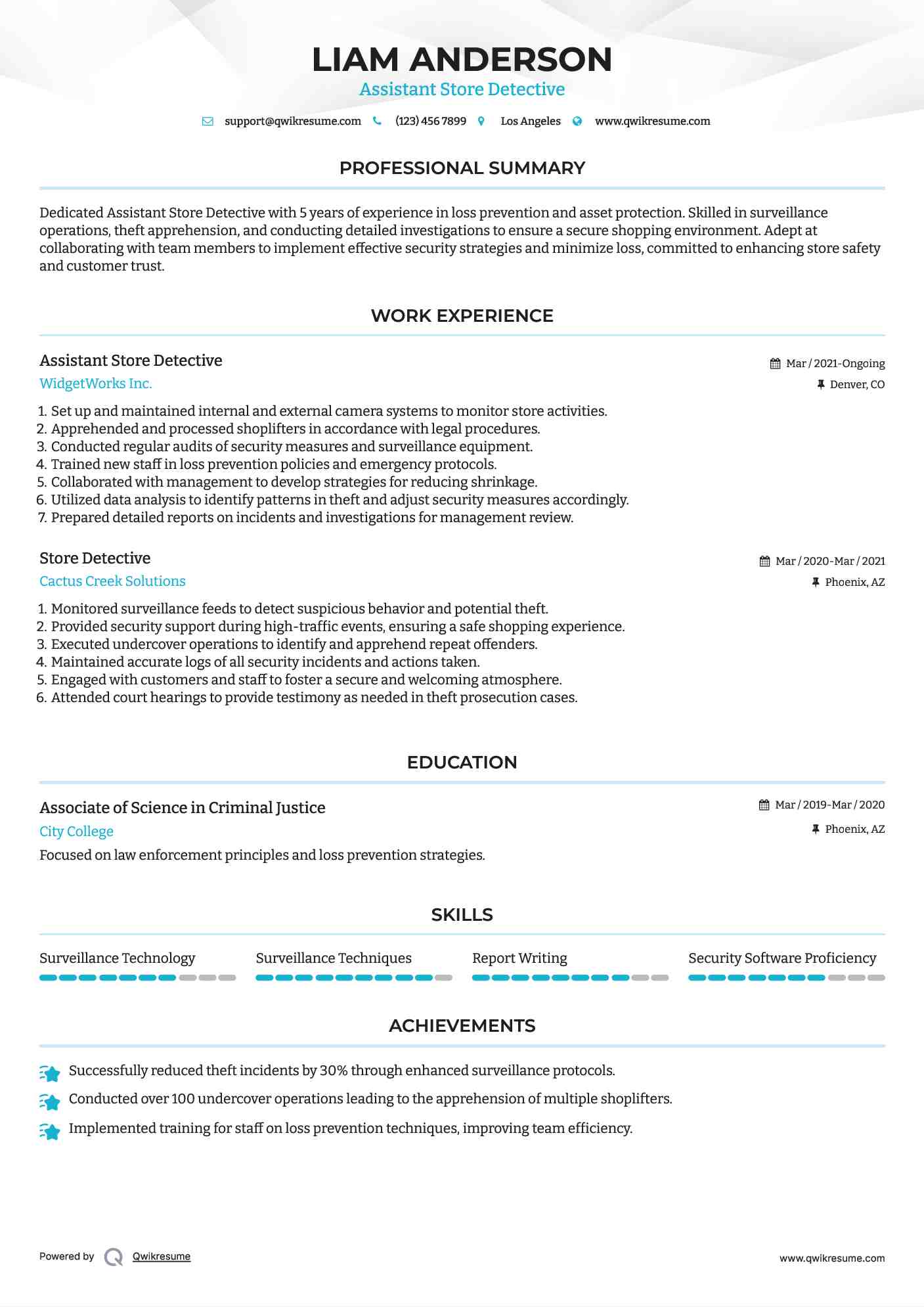 Assistant Store Detective Resume Sample