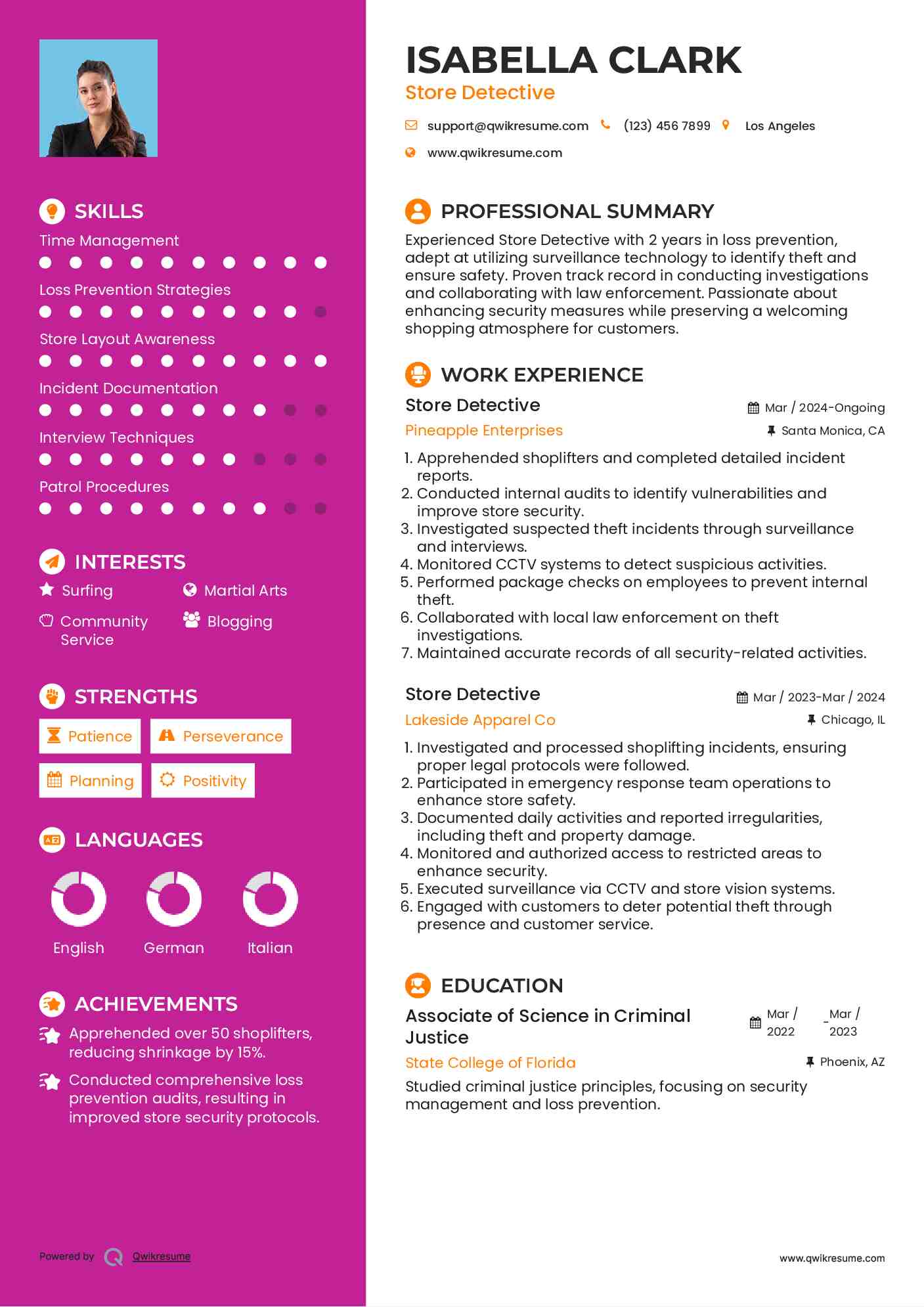 Store Detective Resume Example