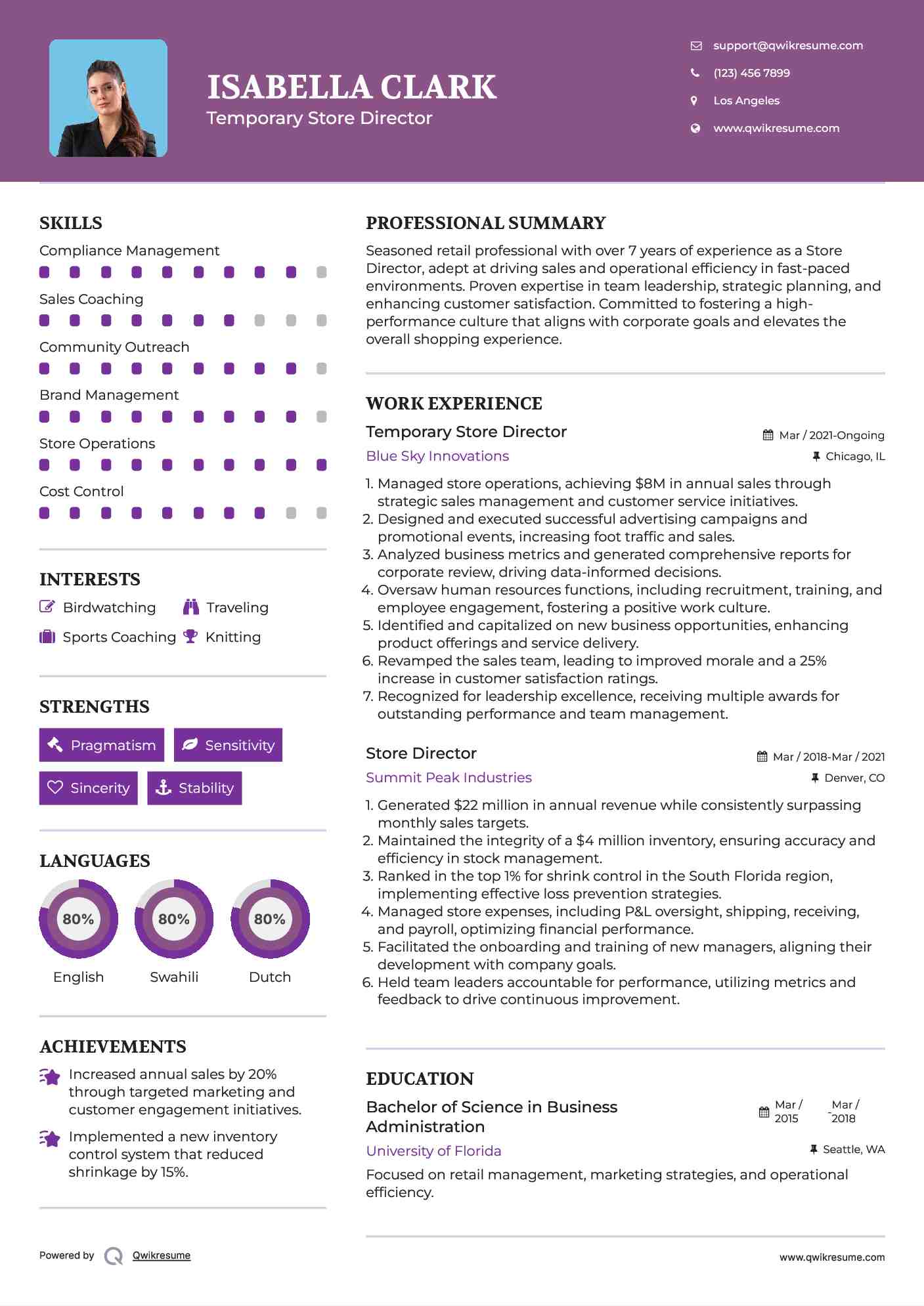 Temporary Store Director Resume Model