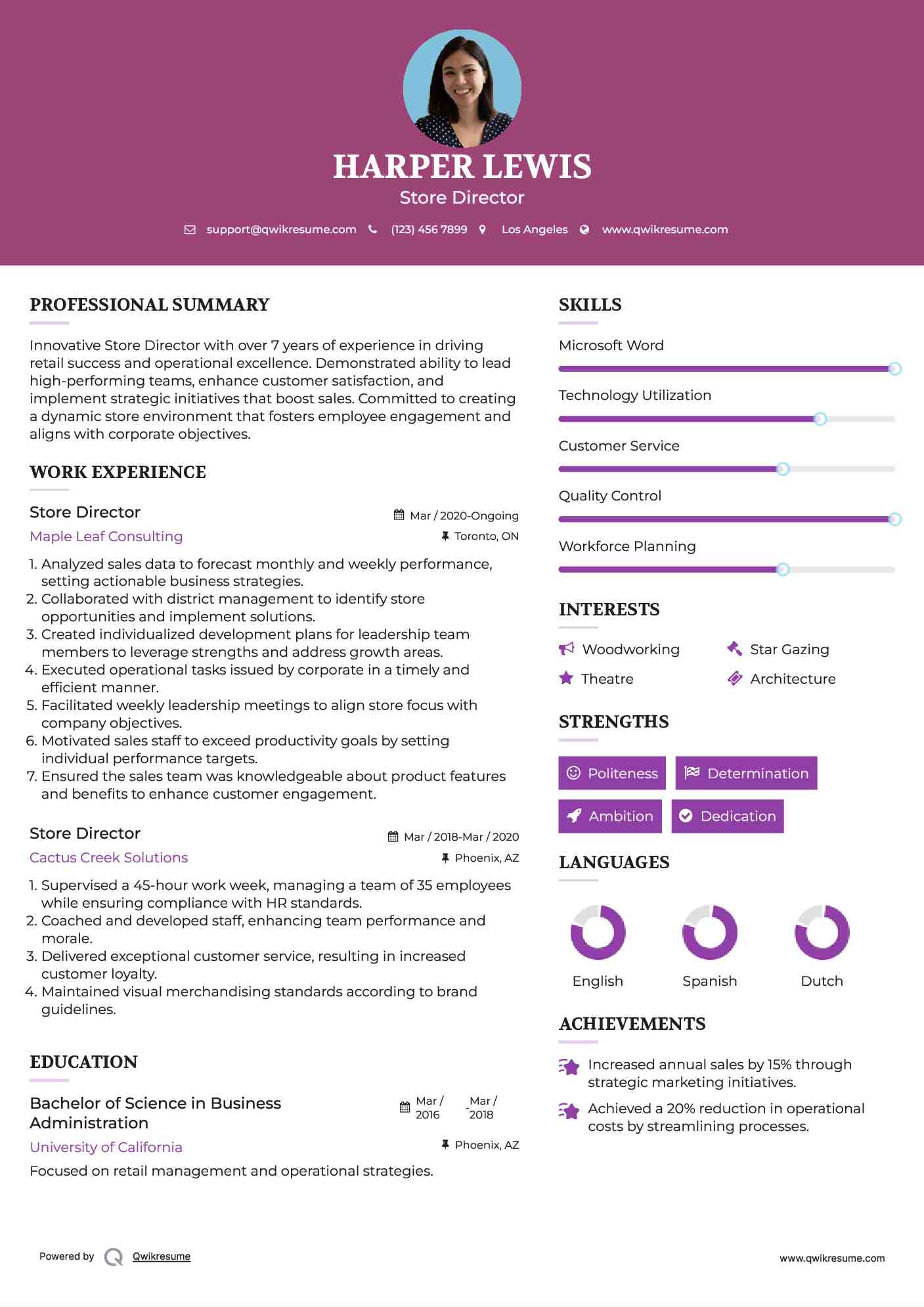 Store Director Resume Model