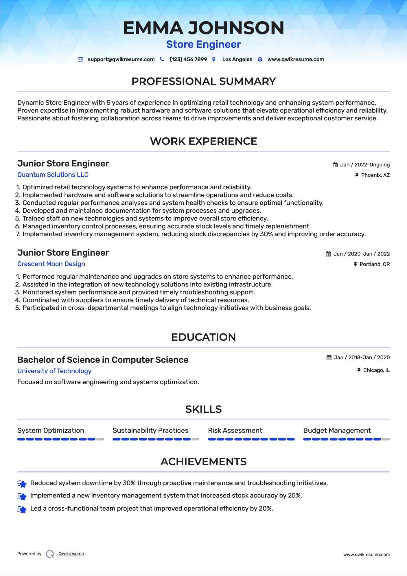 Junior Store Engineer Resume Model