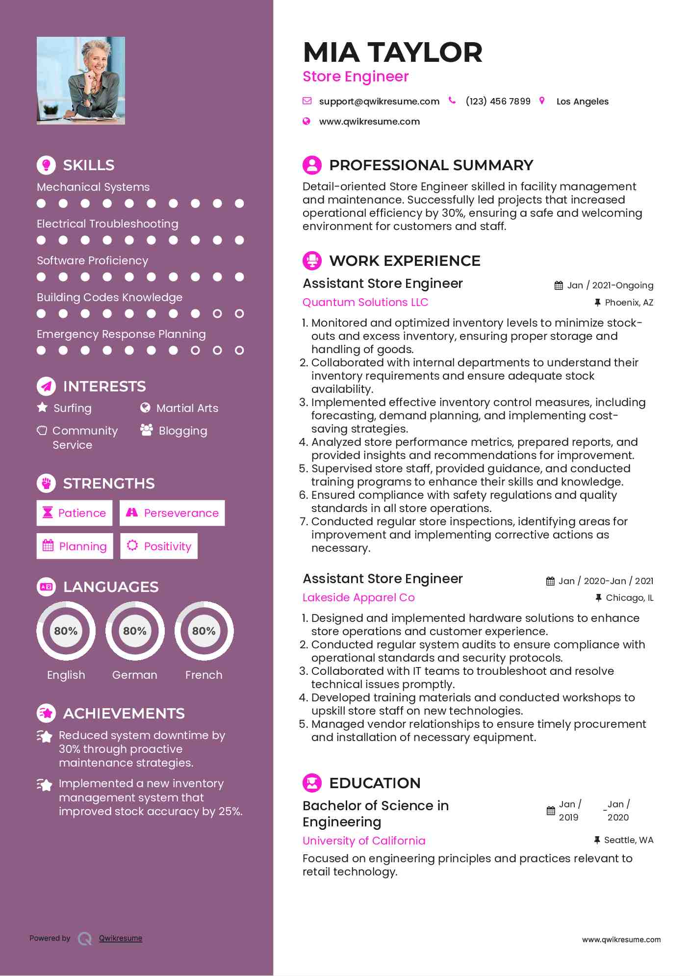 Assistant Store Engineer Resume Sample