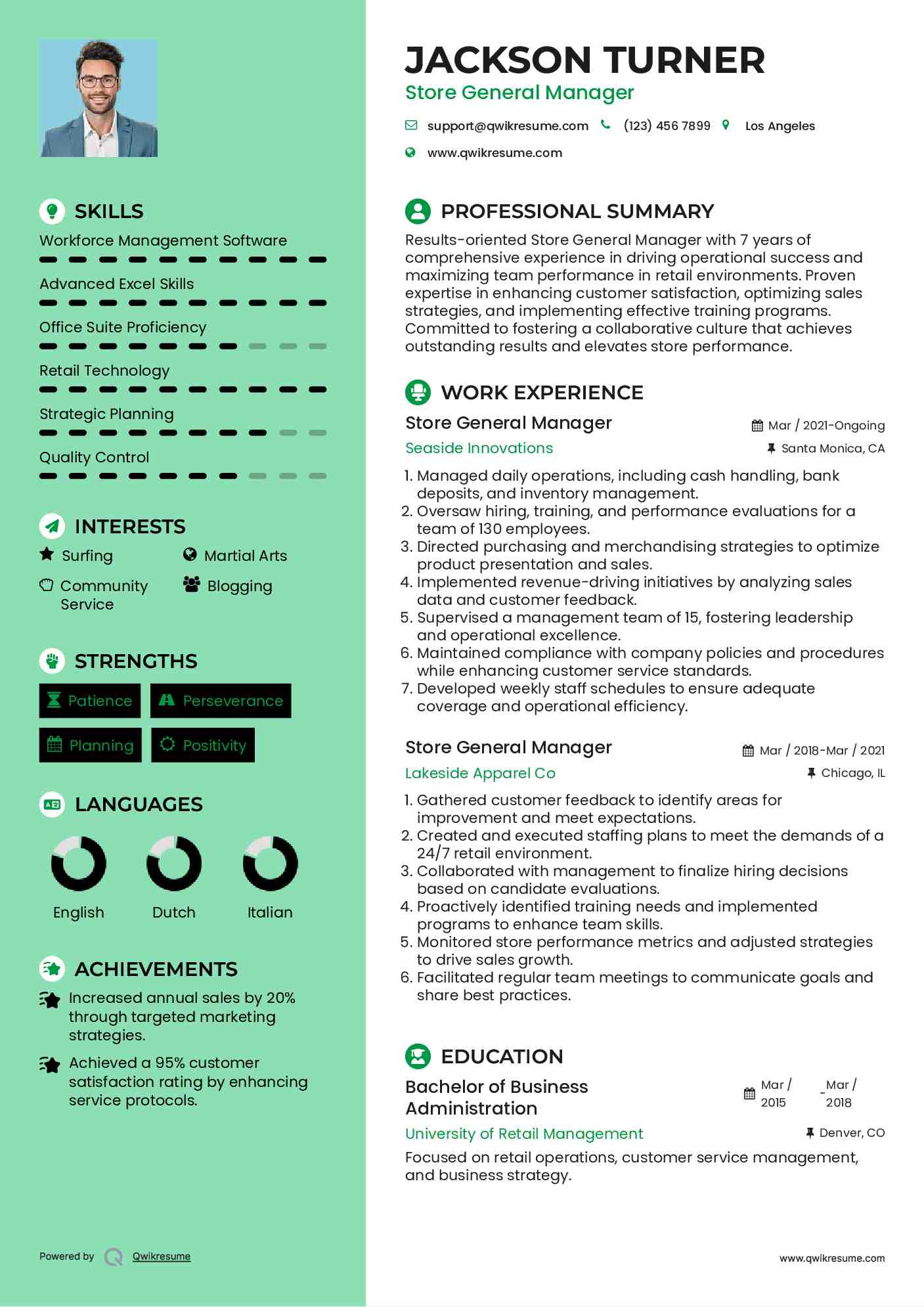 Store General Manager Resume Sample