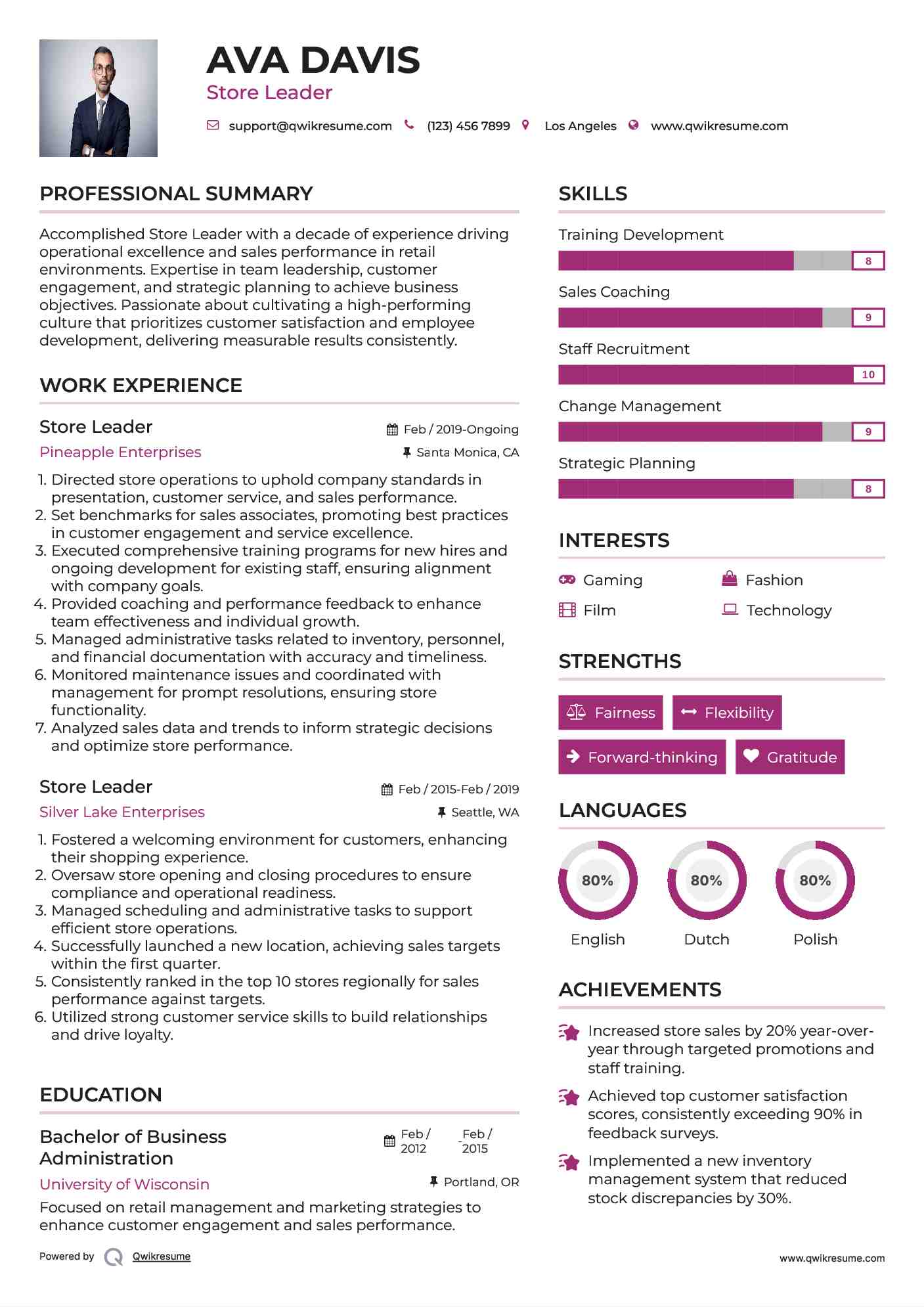 Store Leader Resume Example