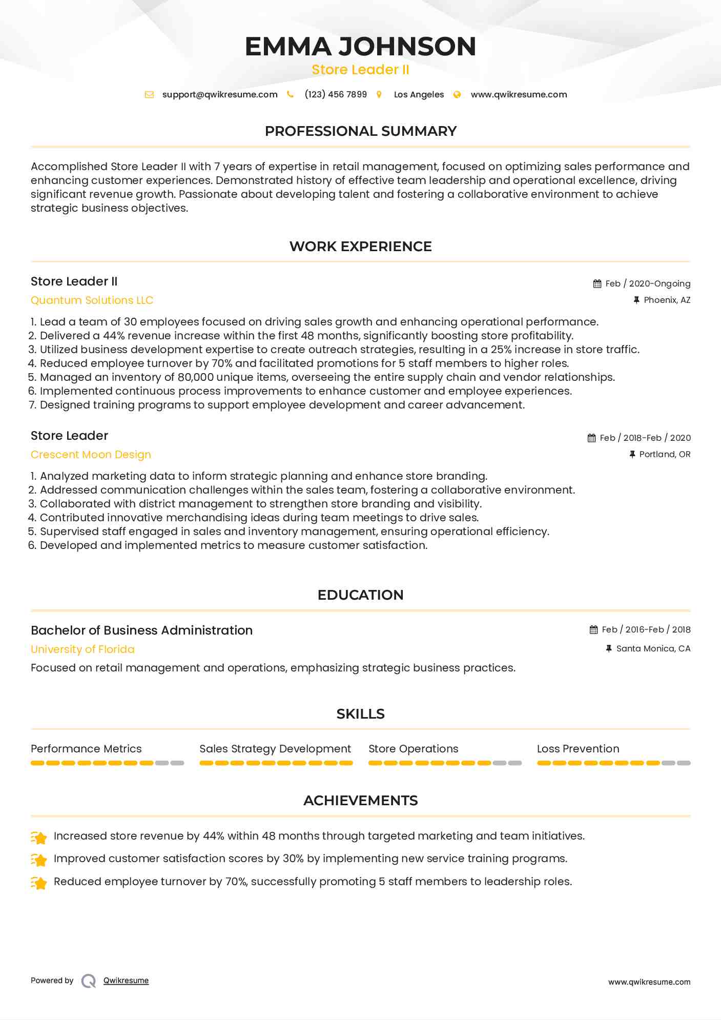 Store Leader II Resume Format