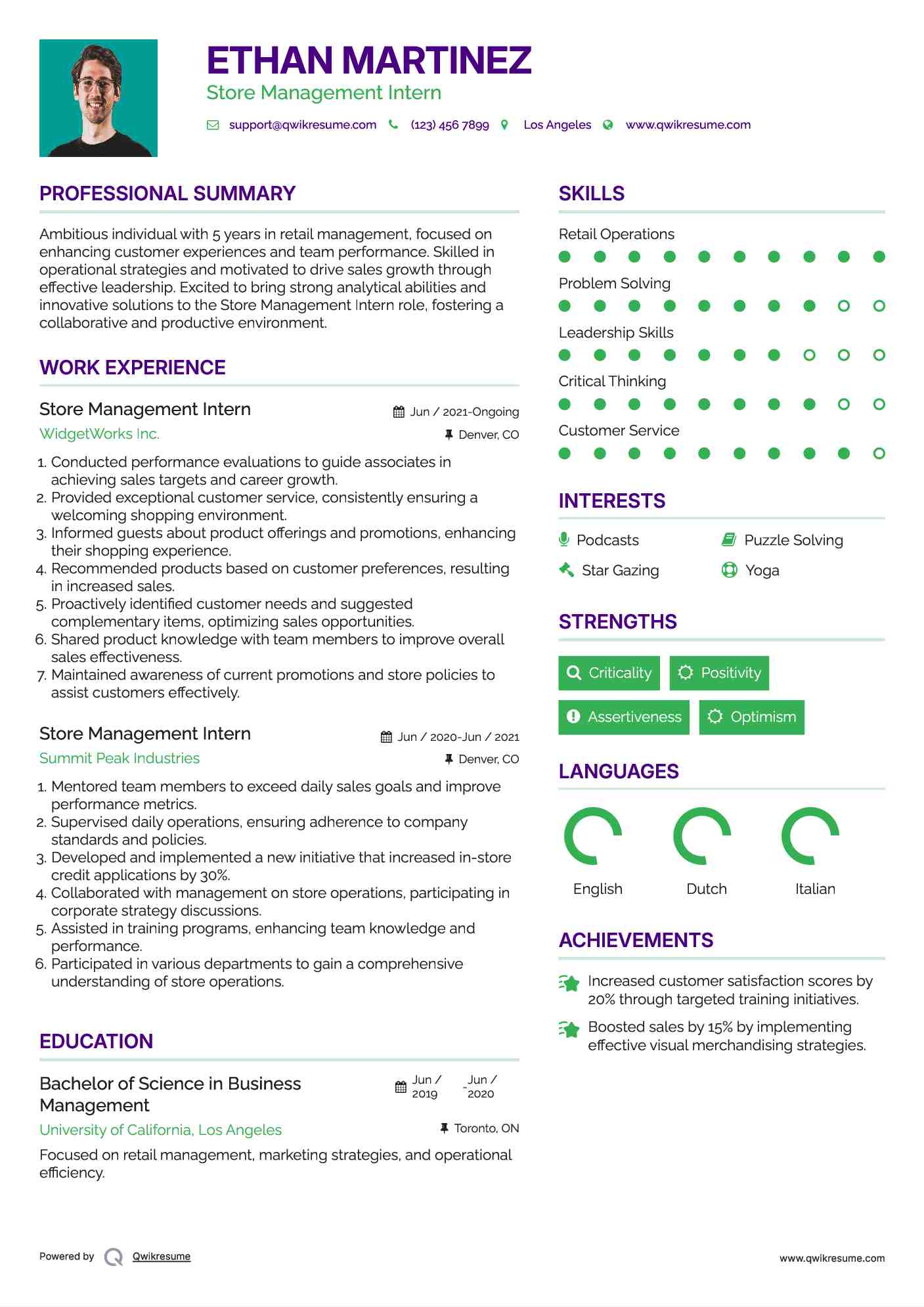 Store Management Intern Resume Sample