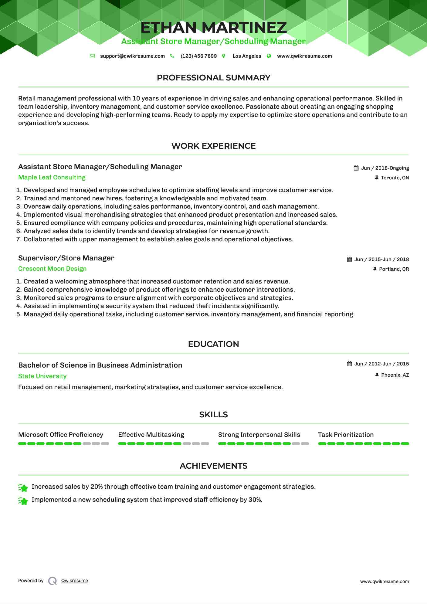 Assistant Store Manager/Scheduling Manager Resume Example