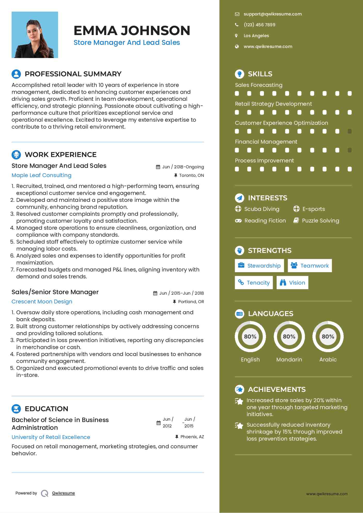 Store Manager And Lead Sales Resume Sample