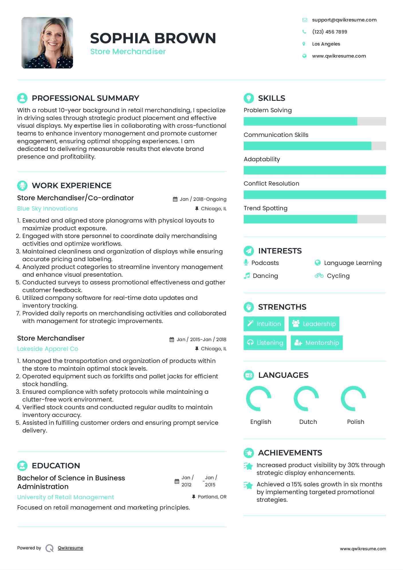 Store Merchandiser/Co-ordinator Resume Example