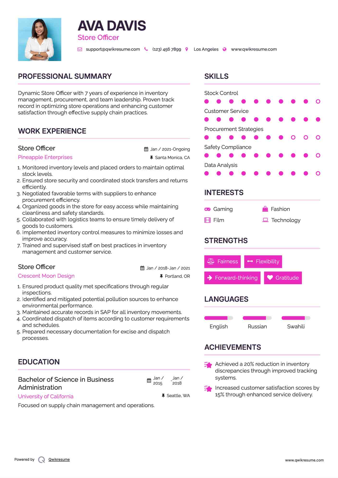 Store Officer Resume Sample