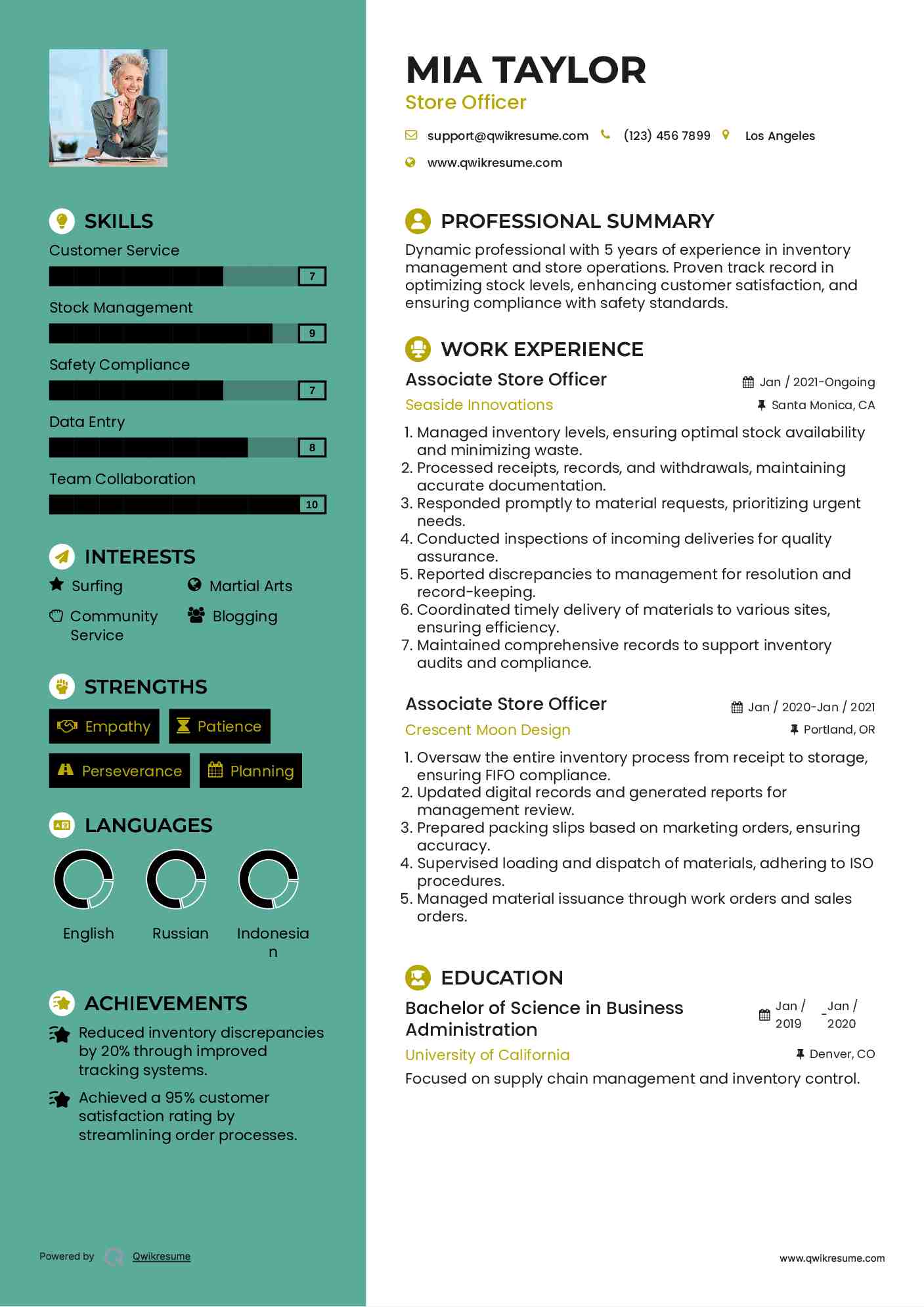 Associate Store Officer Resume Model