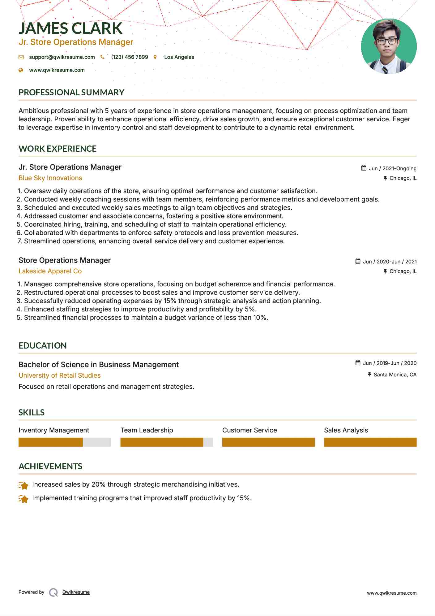 Jr. Store Operations Manager Resume Format
