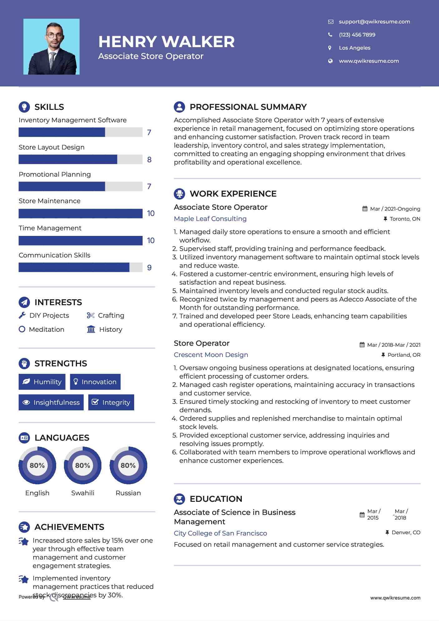 Associate Store Operator Resume Template