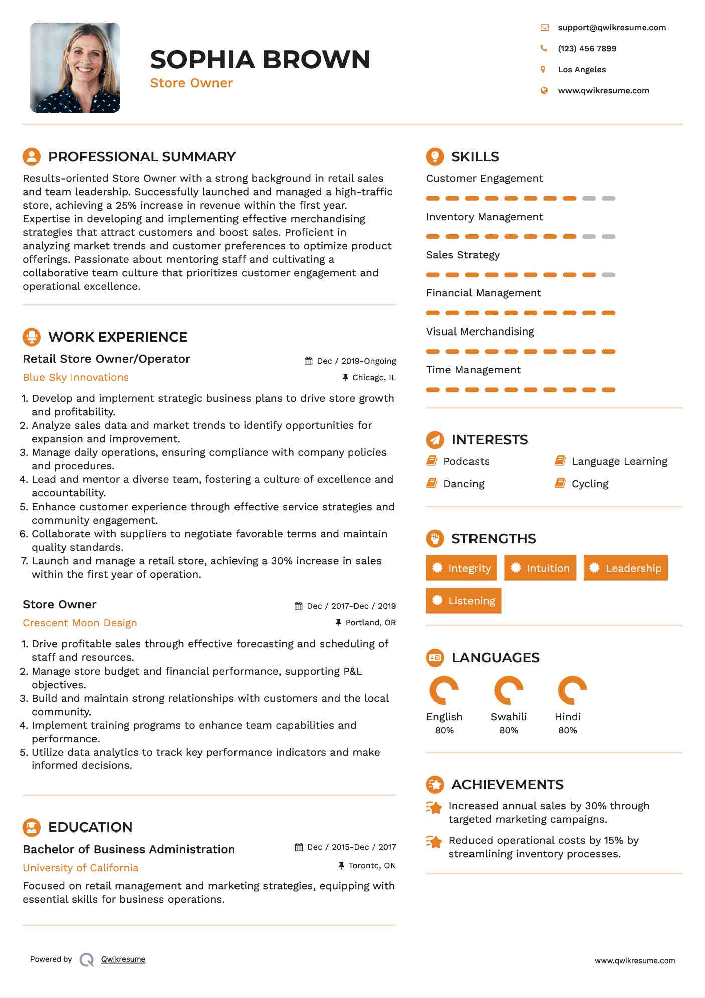 Retail Store Owner/Operator Resume Format