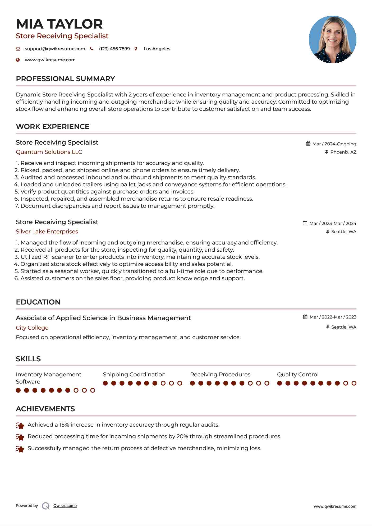 Store Receiving Specialist Resume Model
