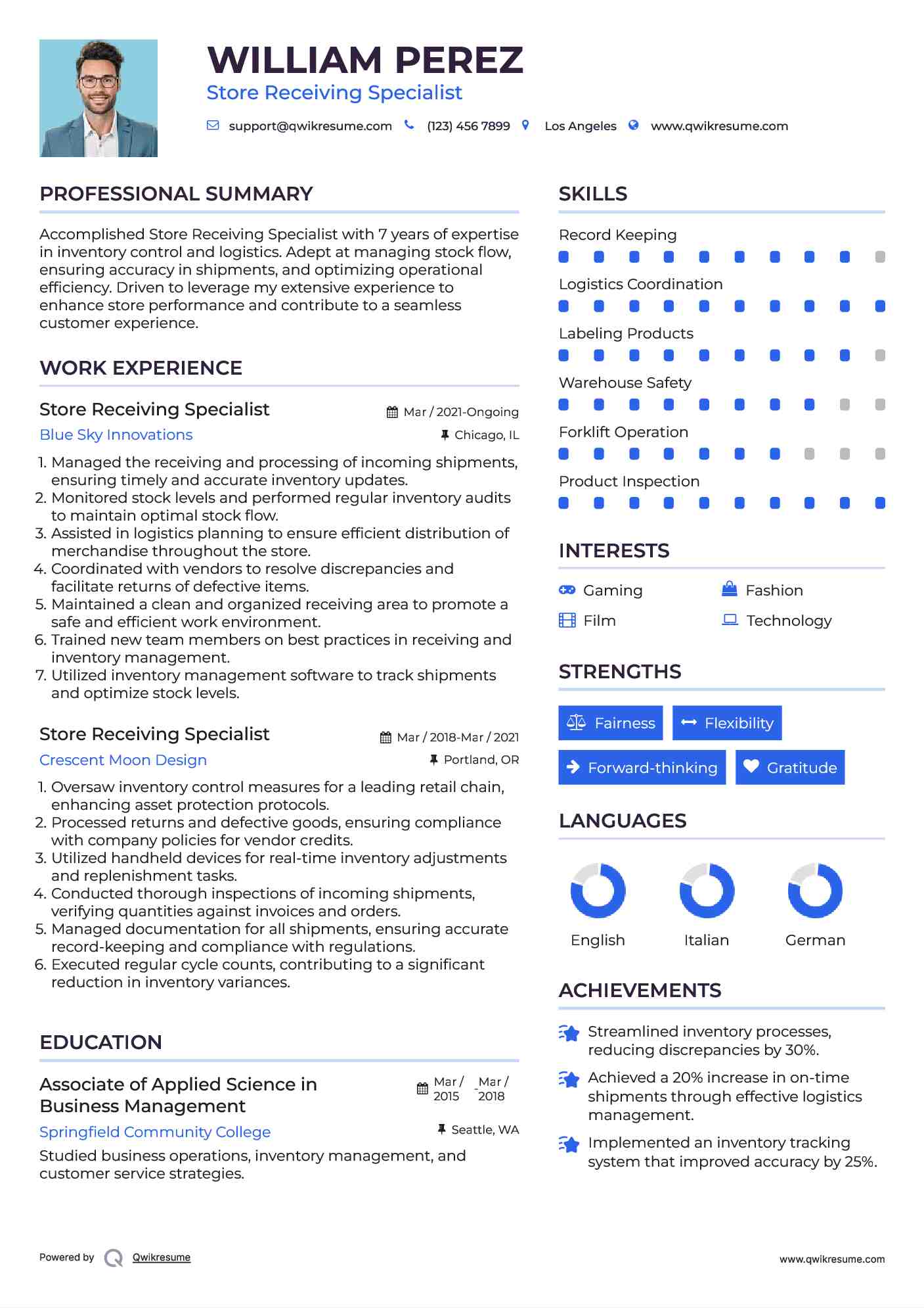 Store Receiving Specialist Resume Sample