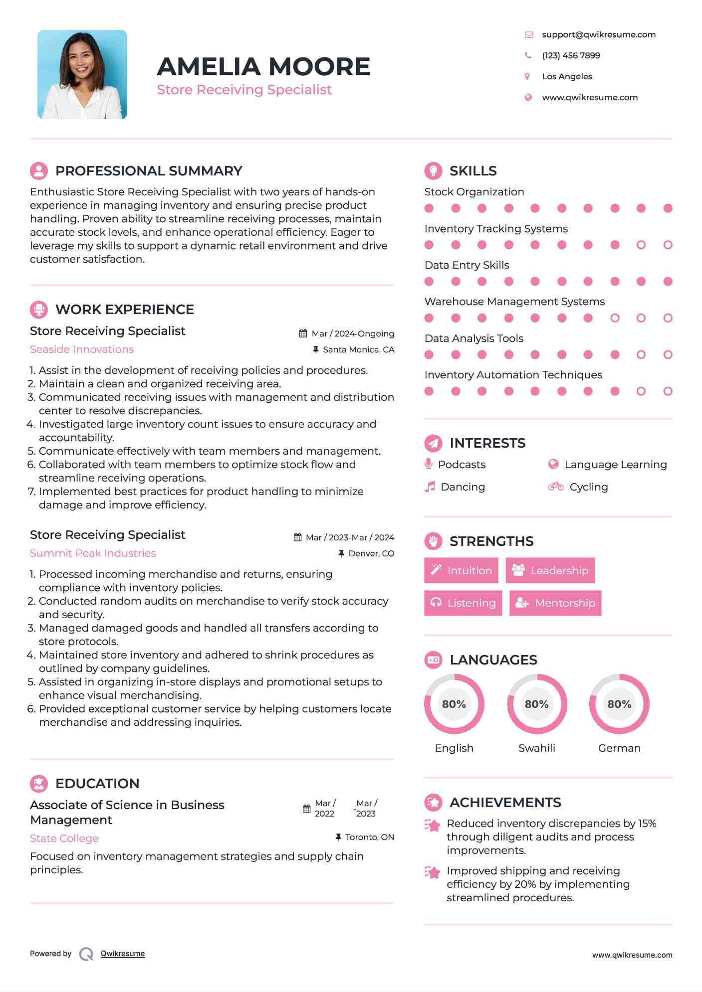 Store Receiving Specialist Resume Model