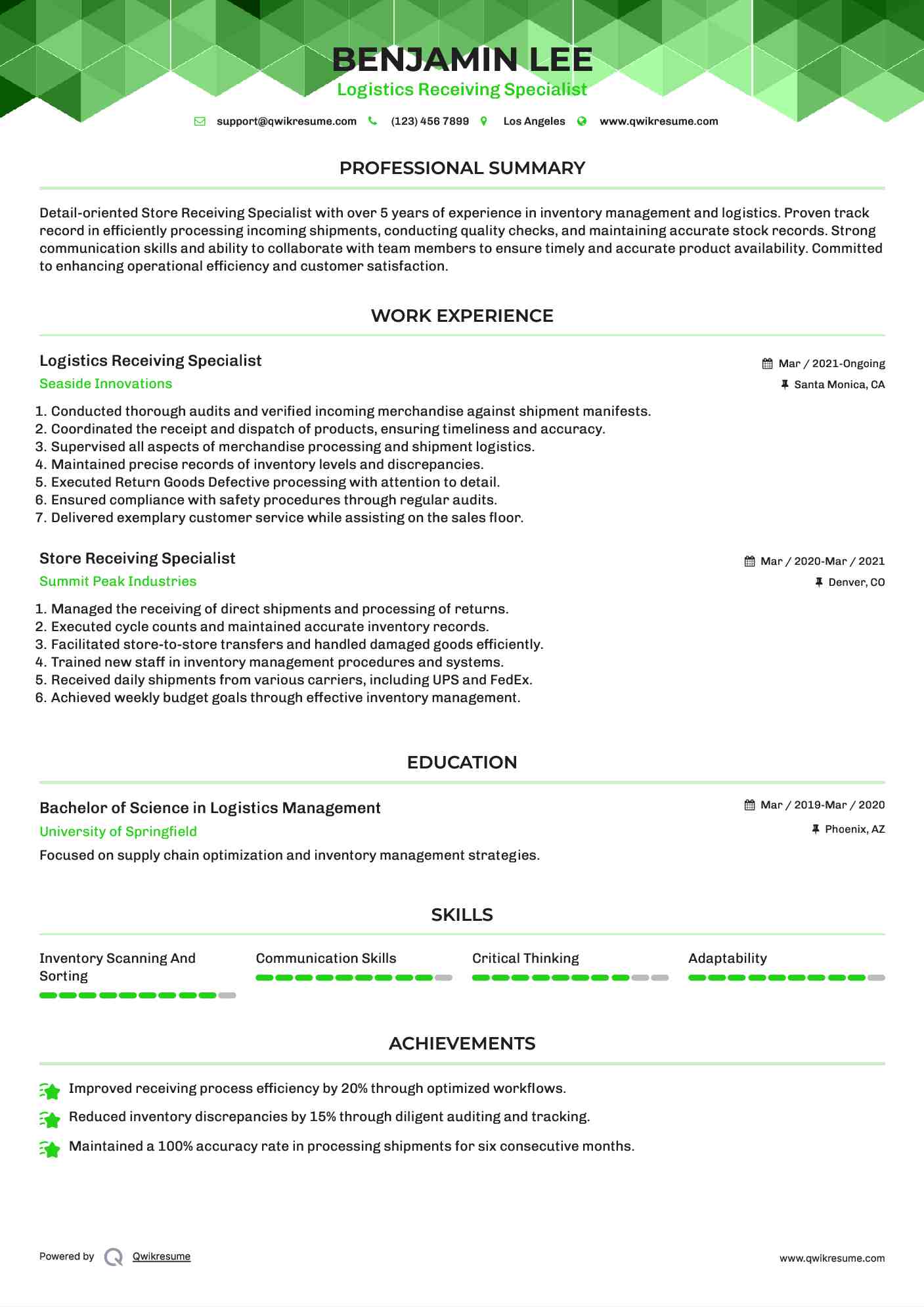 Logistics Receiving Specialist Resume Sample