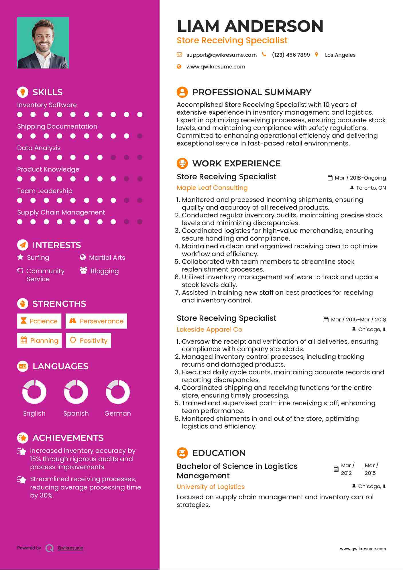 Store Receiving Specialist Resume Template