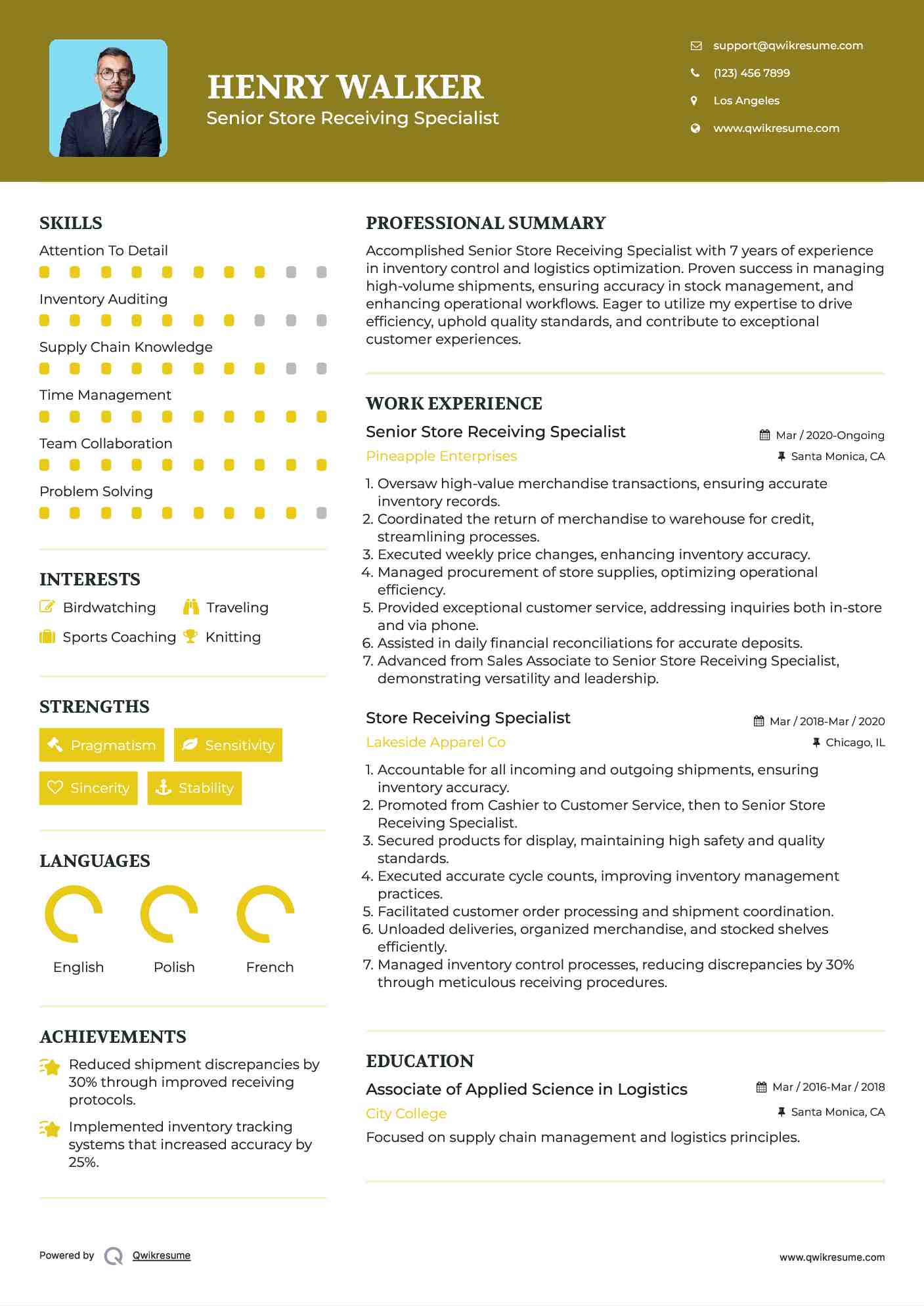 Senior Store Receiving Specialist Resume Sample